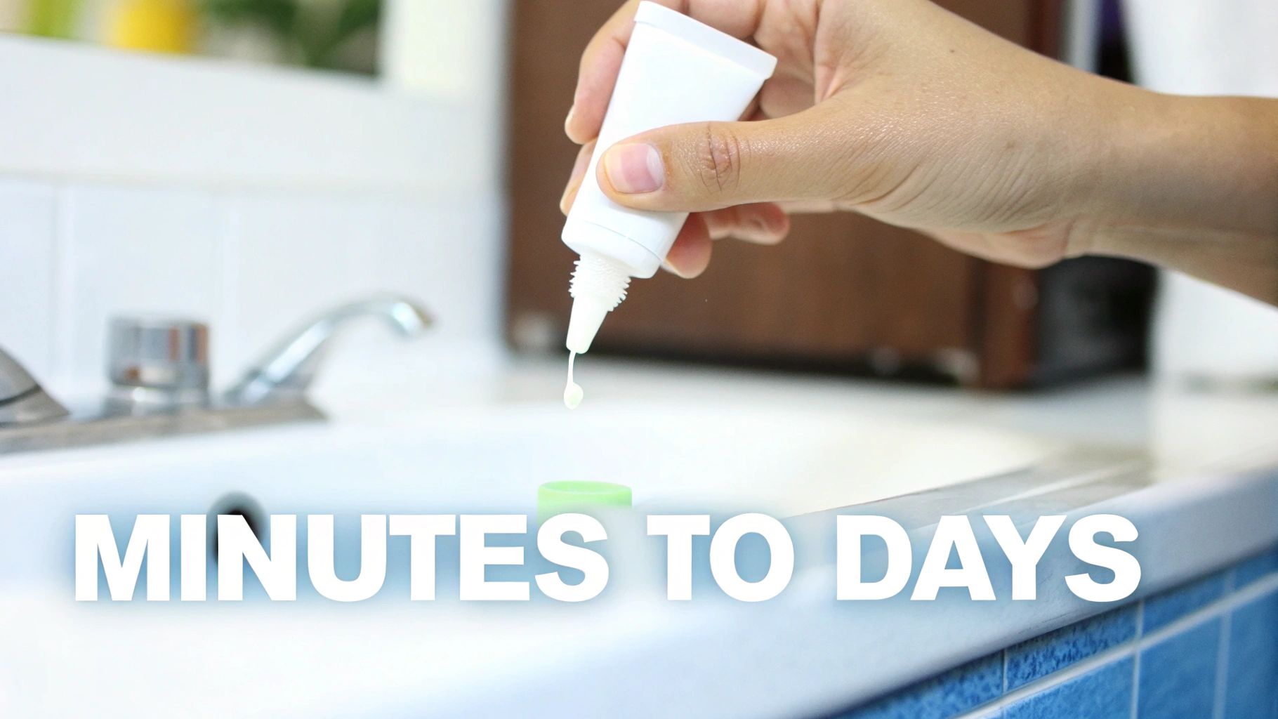 A hand squeezes a small tube, dispensing a drop of cream into a sink, with text 'MINUTES TO DAYS'.
