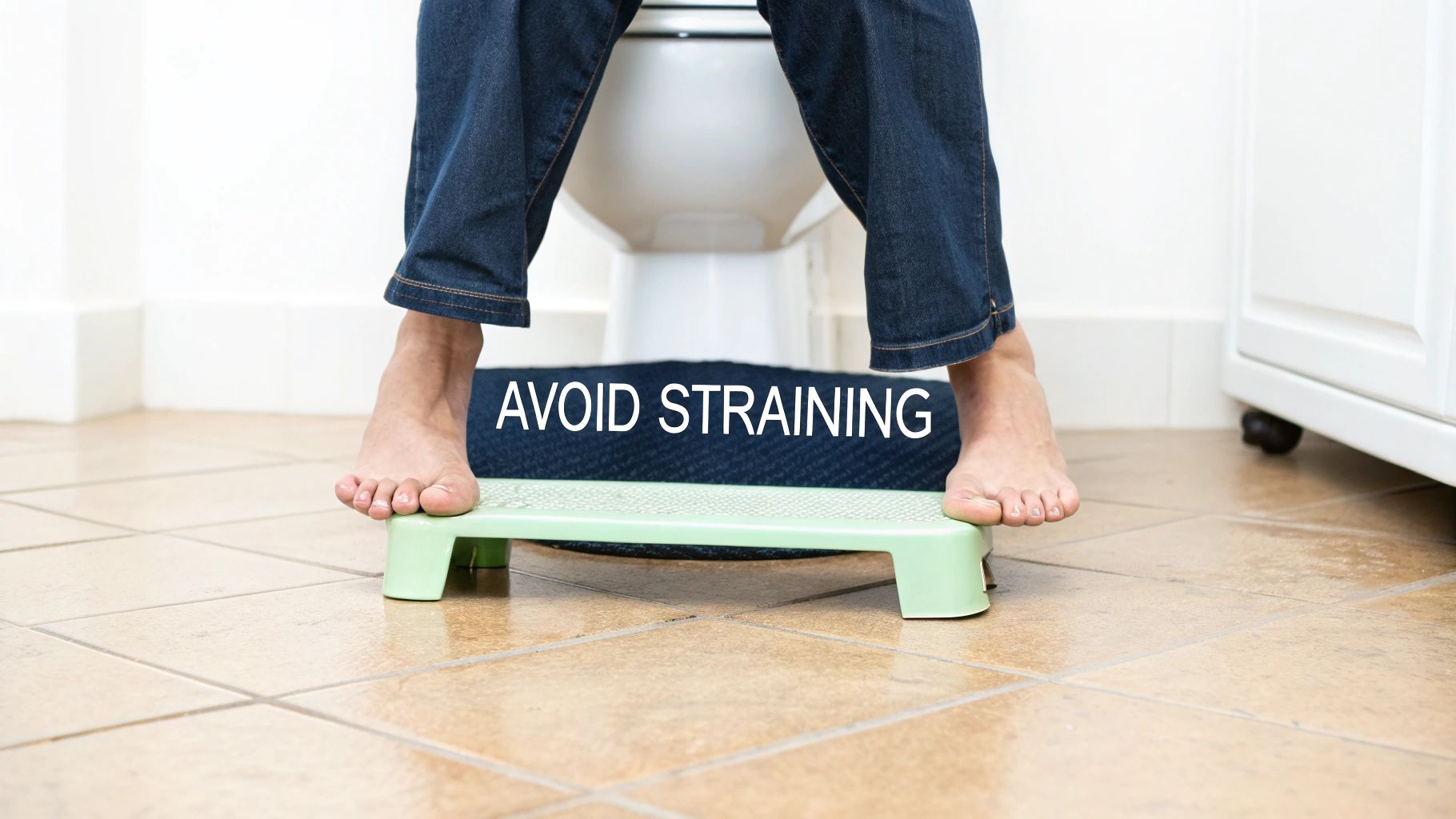 A person's bare feet resting on a light green toilet stool with text 'AVOID STRAINING'.