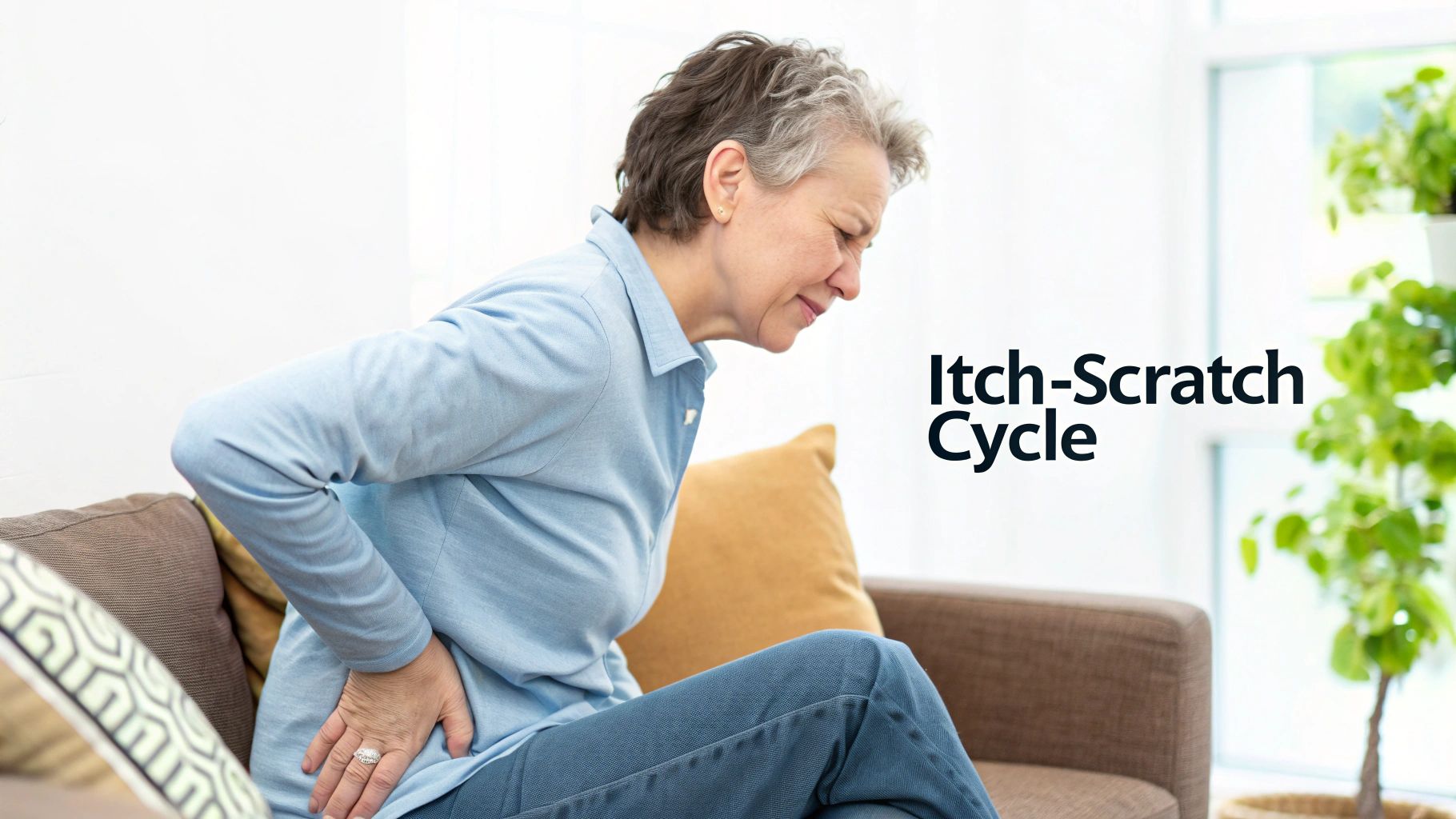 An older woman on a couch rubs her lower back in discomfort, with 'Itch-Scratch Cycle' text.