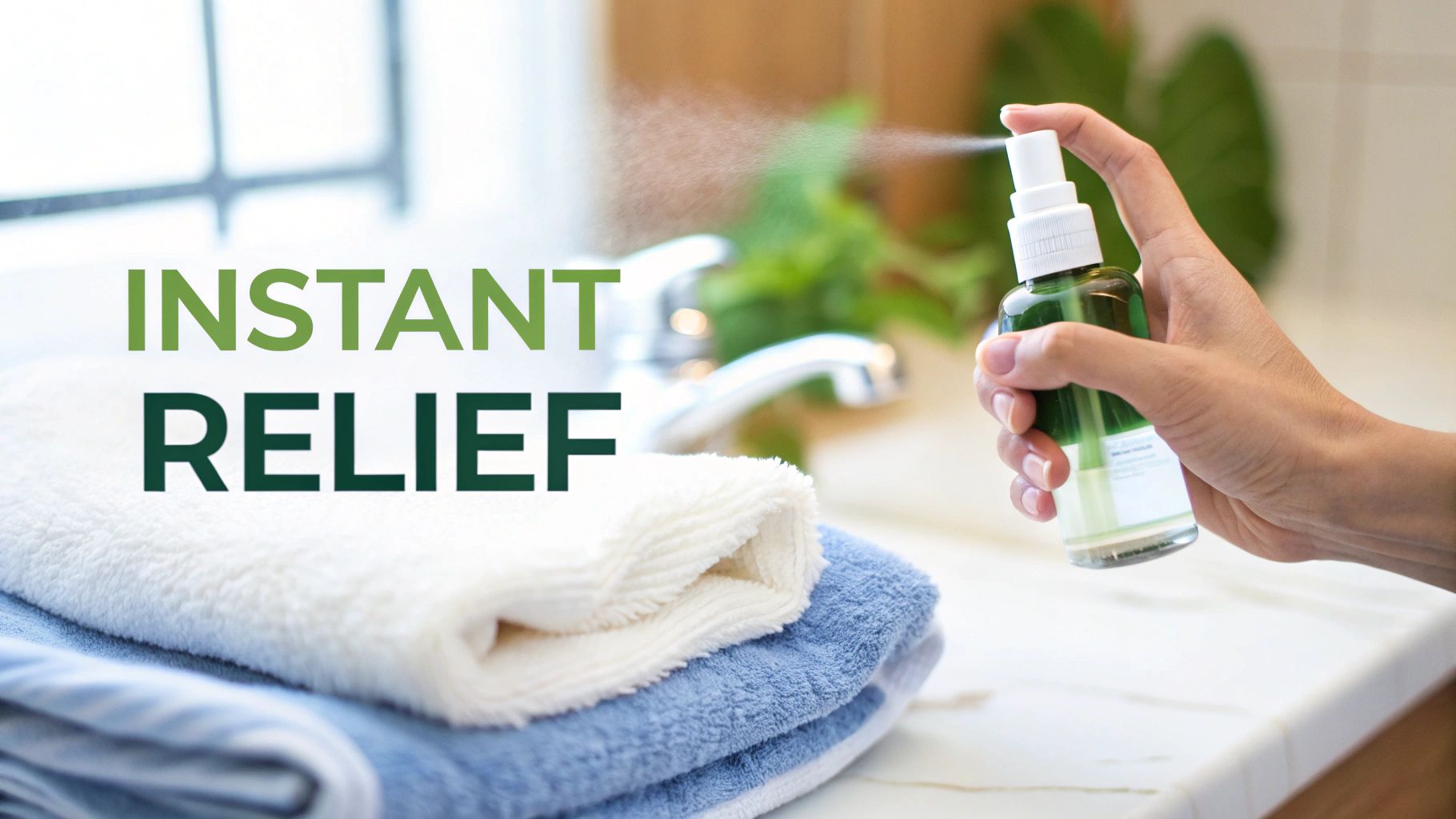 A hand sprays a green 'INSTANT RELIEF' bottle over clean white and blue towels.