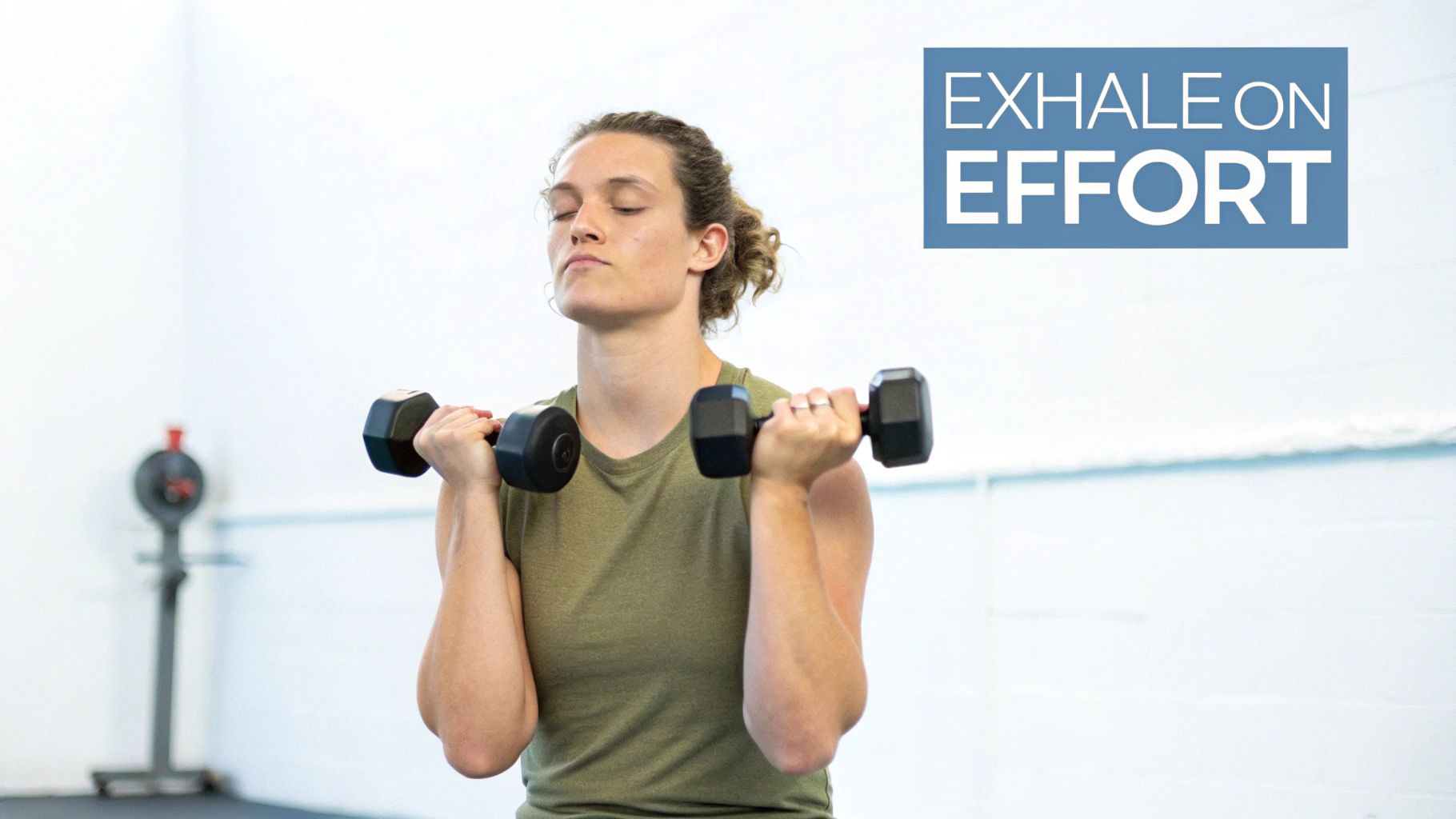 A woman with her eyes closed performs bicep curls with dumbbells, emphasizing "Exhale on Effort."