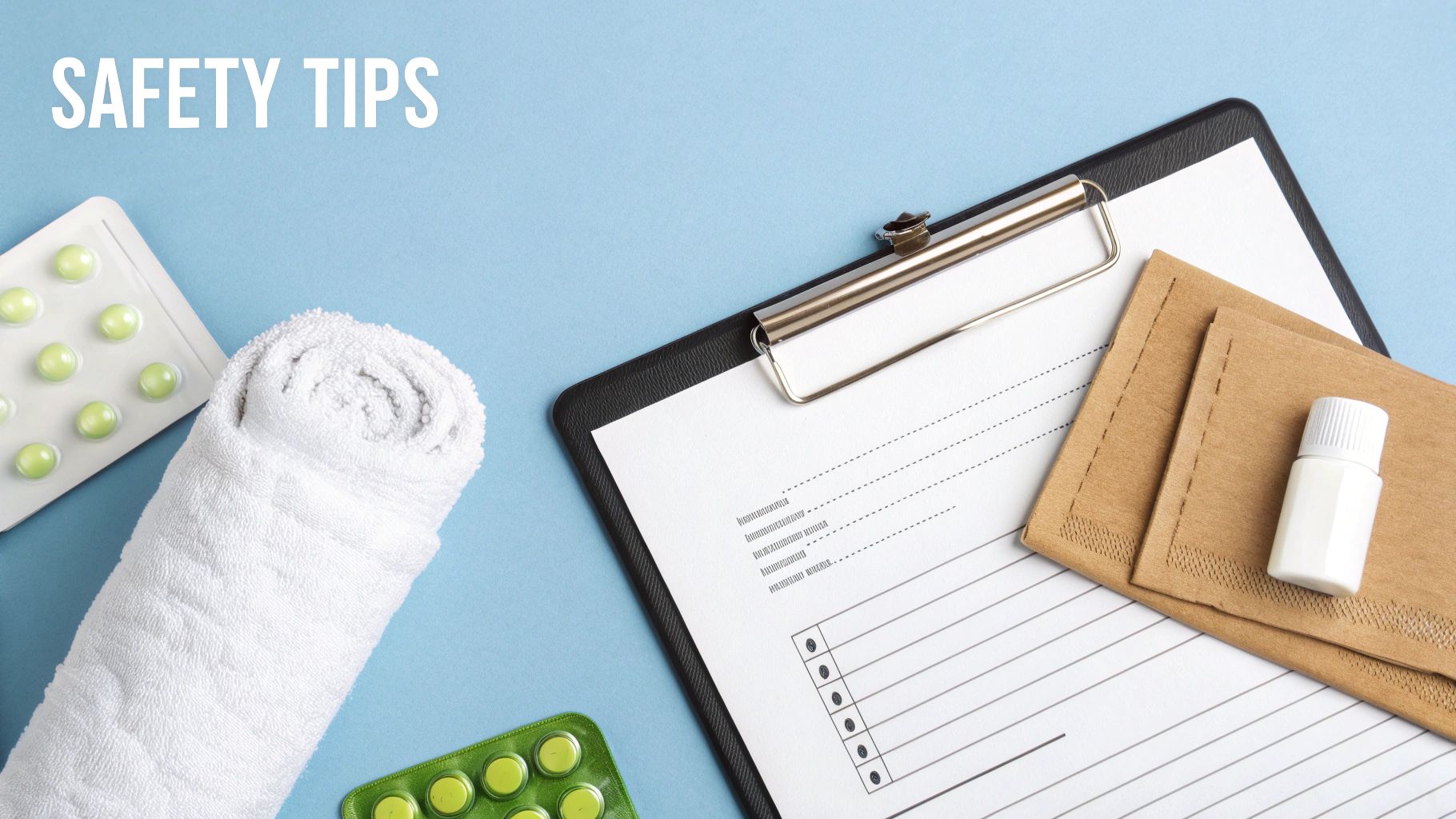 Flat lay with safety tips text, a clipboard, towels, pills, and a small bottle on a blue background.
