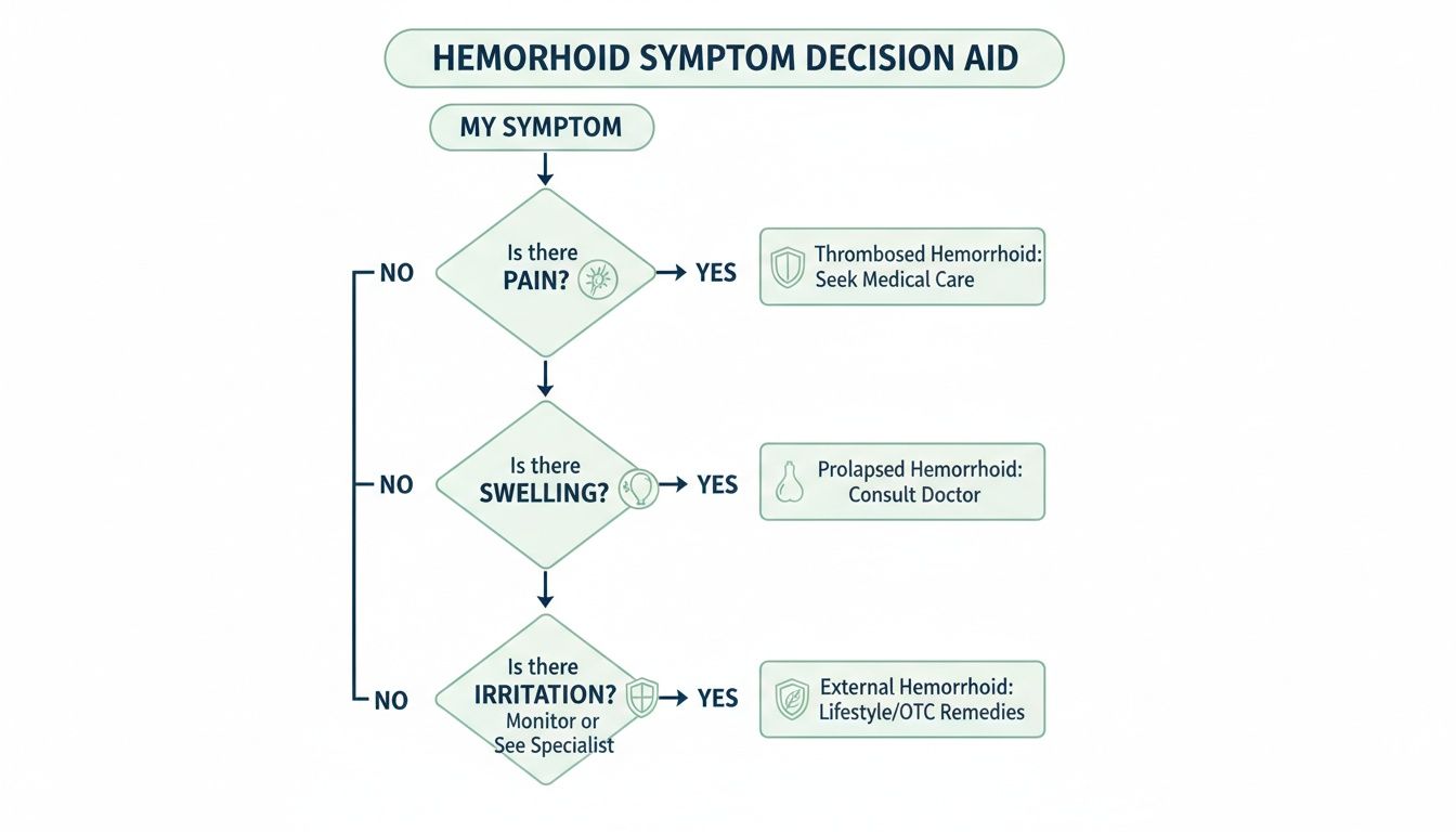 Flowchart for hemorrhoid symptom decision aid, guiding users based on pain, swelling, and irritation to seek appropriate care.