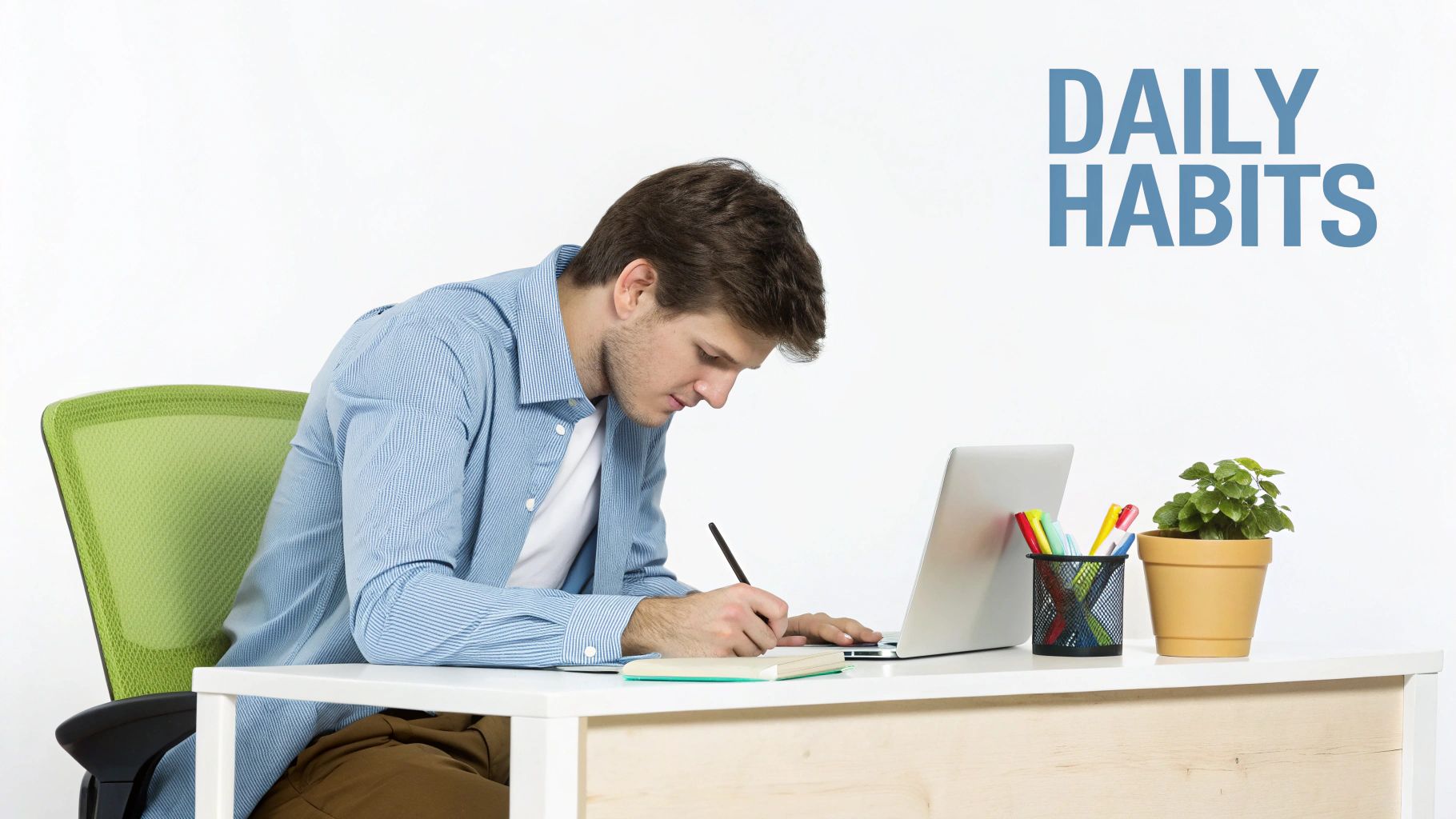 Young man writing in a notebook at a desk with a laptop and potted plant, focusing on daily habits.