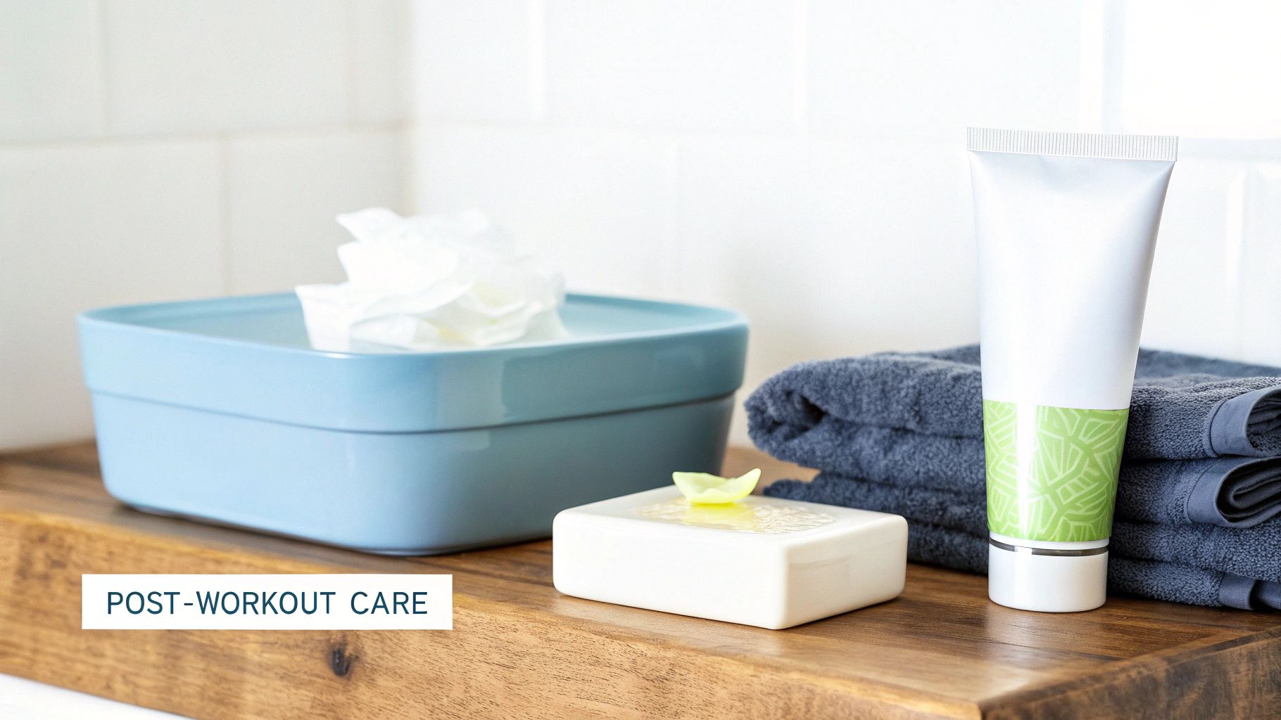 Bathroom essentials for post-workout care: lotion, towels, soap, and tissues on a wooden counter.