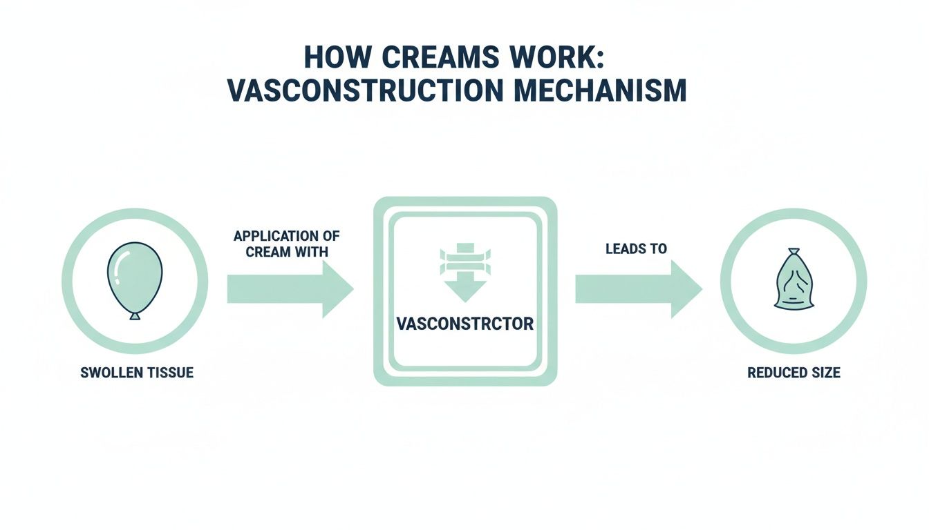 Diagram showing how a vasoconstrictor cream reduces swollen tissue, illustrating the mechanism from a balloon-like state to a smaller size.