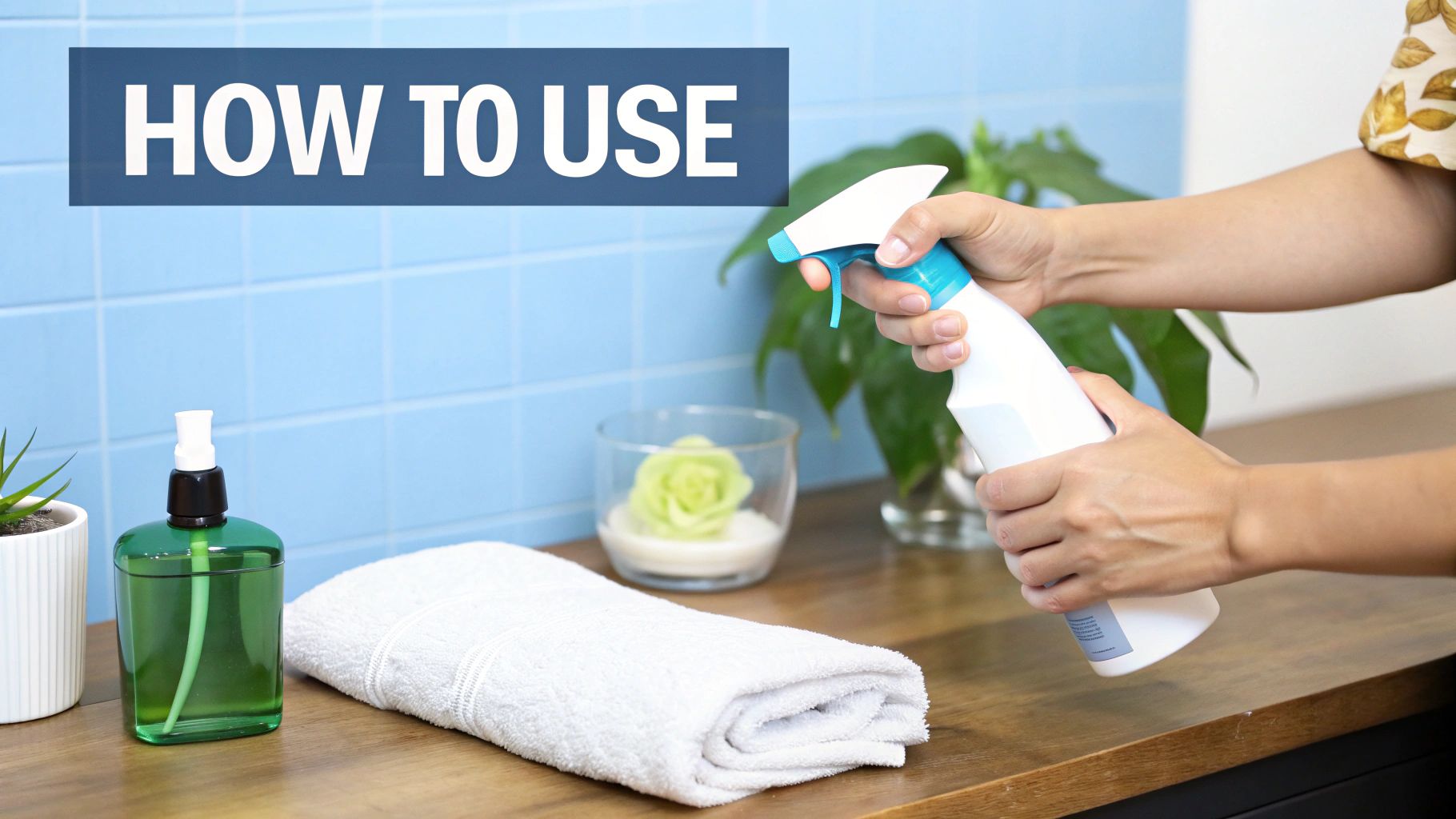 A person demonstrating how to use a spray bottle on a wooden countertop with a towel.