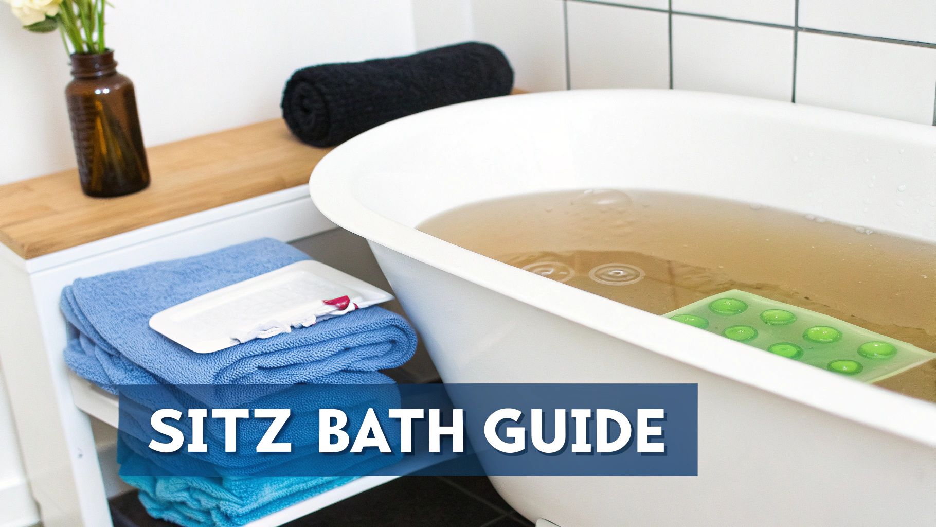 A sitz bath setup with a tub filled with warm water, blue towels, and bath accessories.