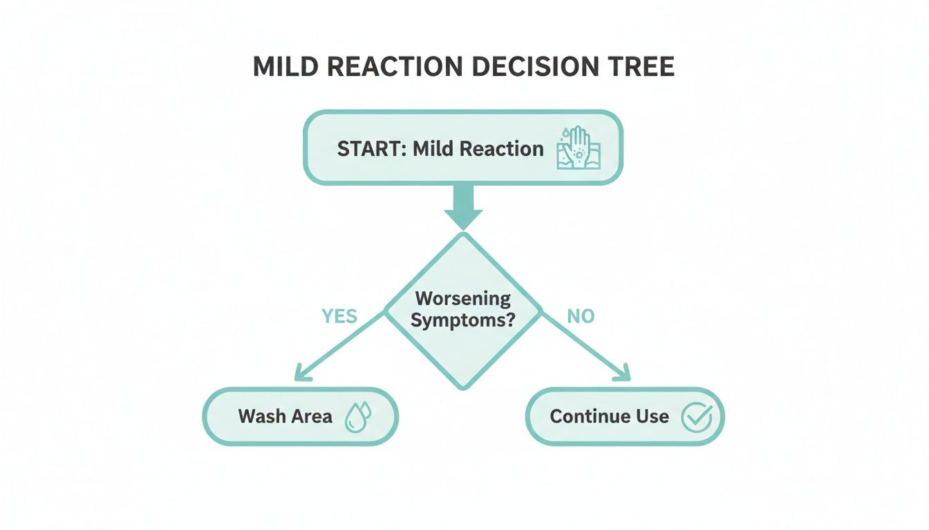 A decision tree flowchart illustrates steps for managing a mild reaction, asking if symptoms are worsening.