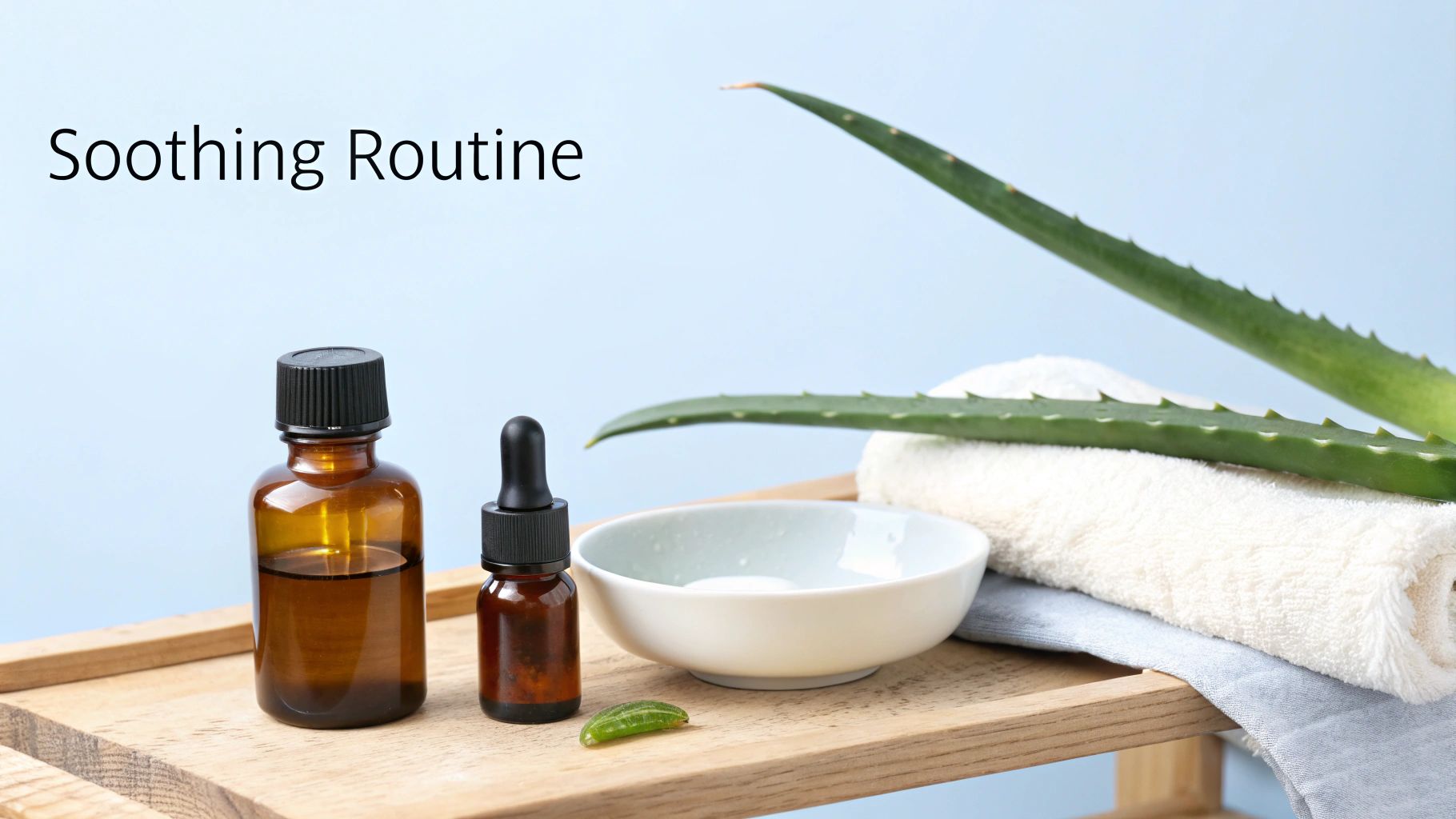 A soothing routine setup with amber bottles, fresh aloe vera leaves, towels, and a bowl on a wooden shelf.