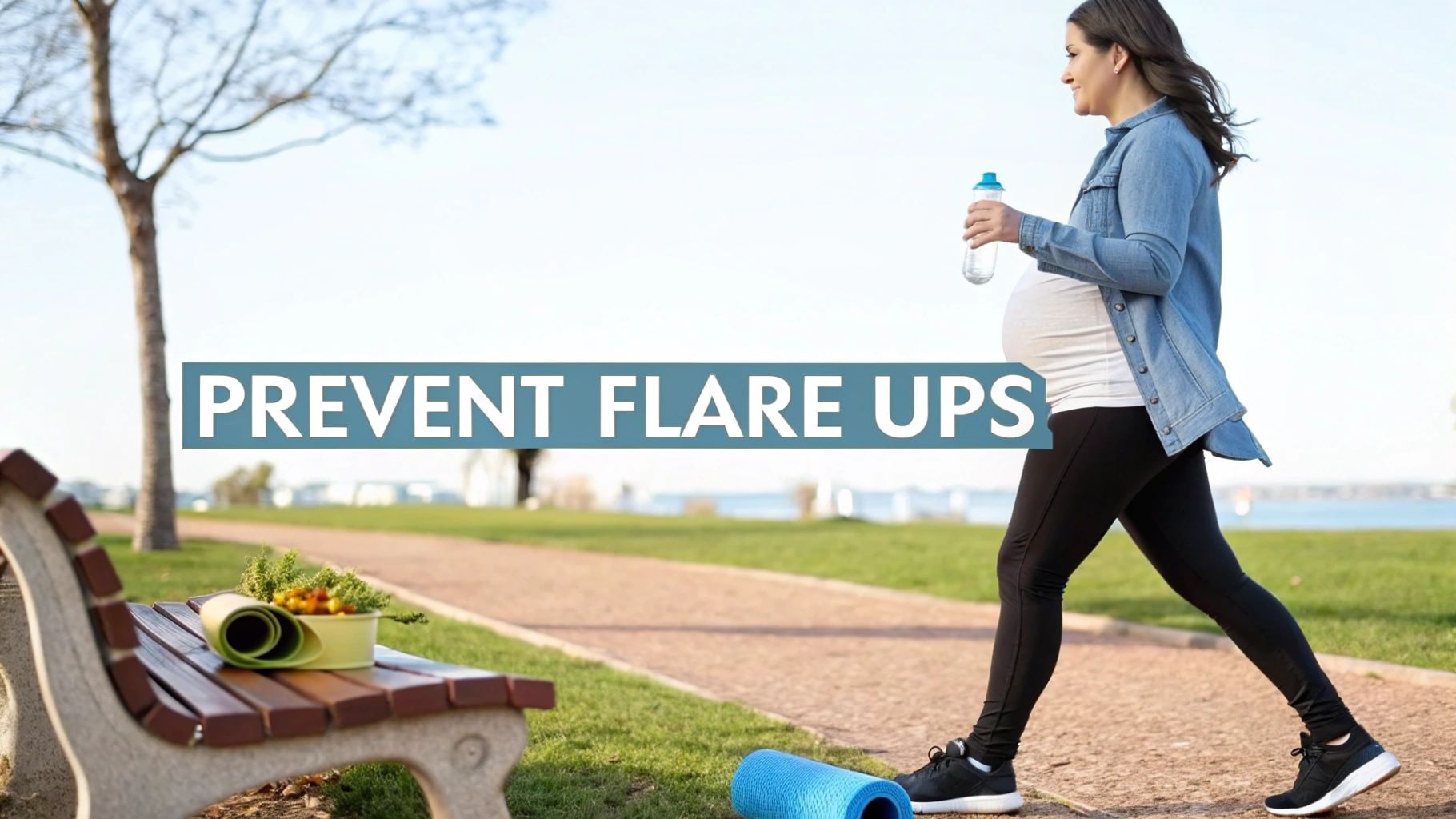 Pregnant woman walking outdoors with a water bottle, next to yoga mats, suggesting exercise and wellness.