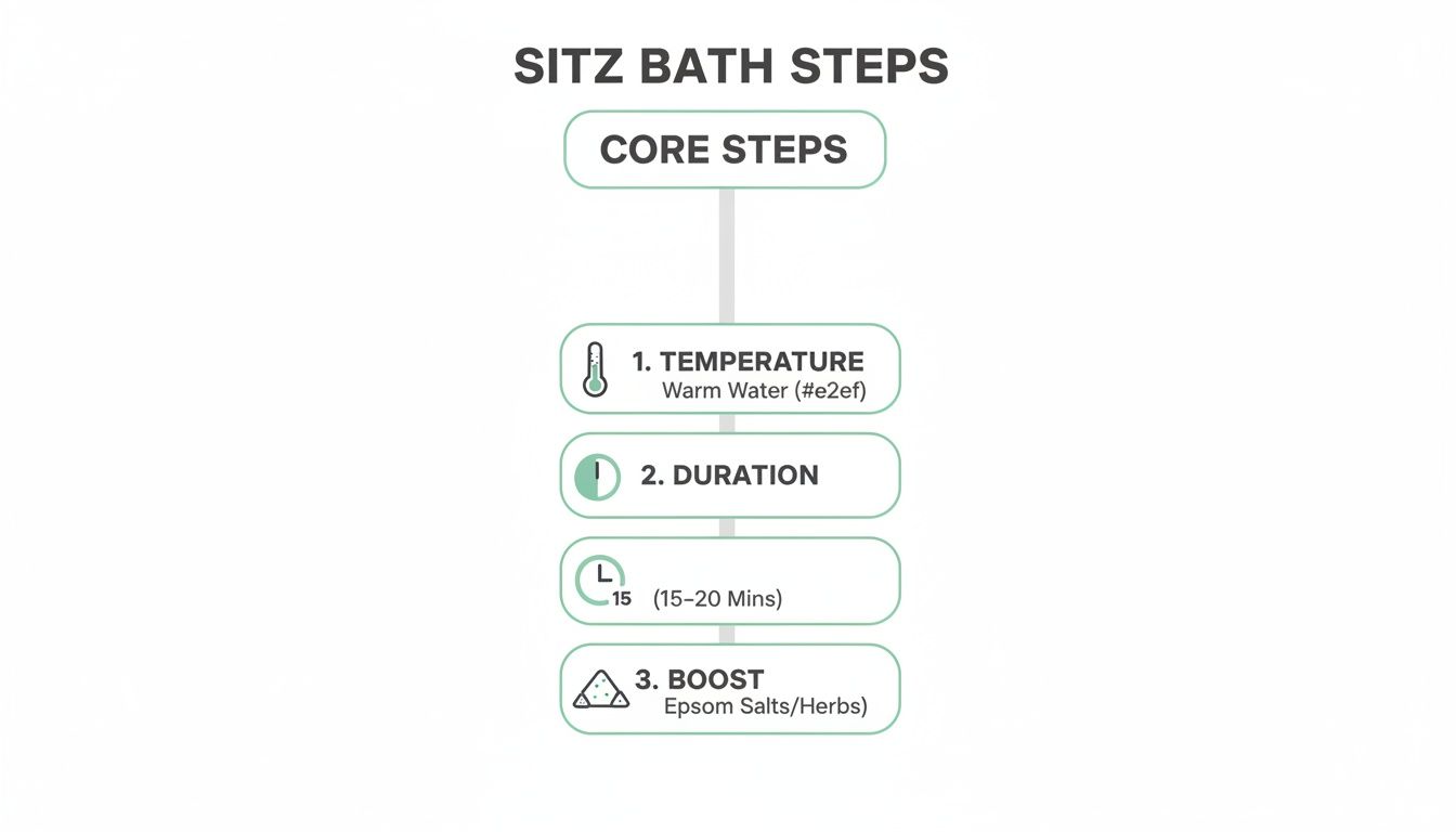 A clear infographic outlining the three core steps for a sitz bath: temperature, duration, and additives.