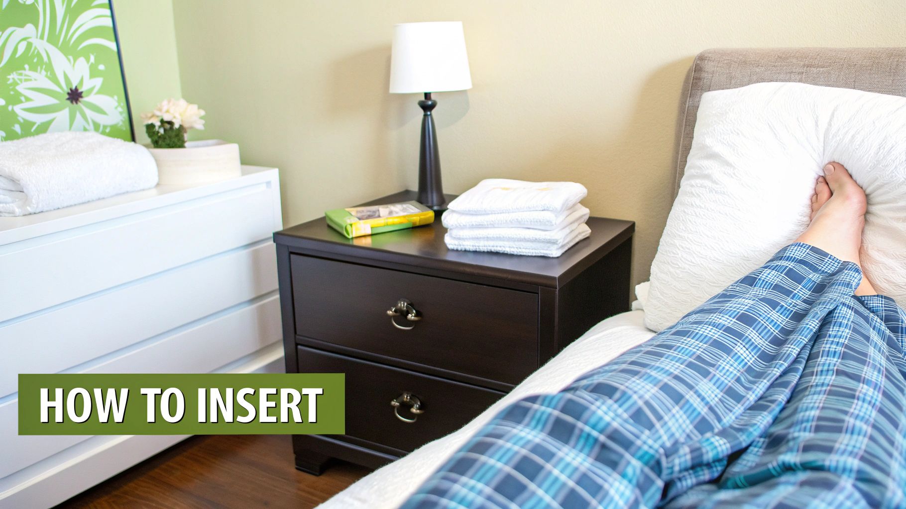 A person's legs in blue plaid pajamas resting on a bed next to nightstands, with text "HOW TO INSERT".