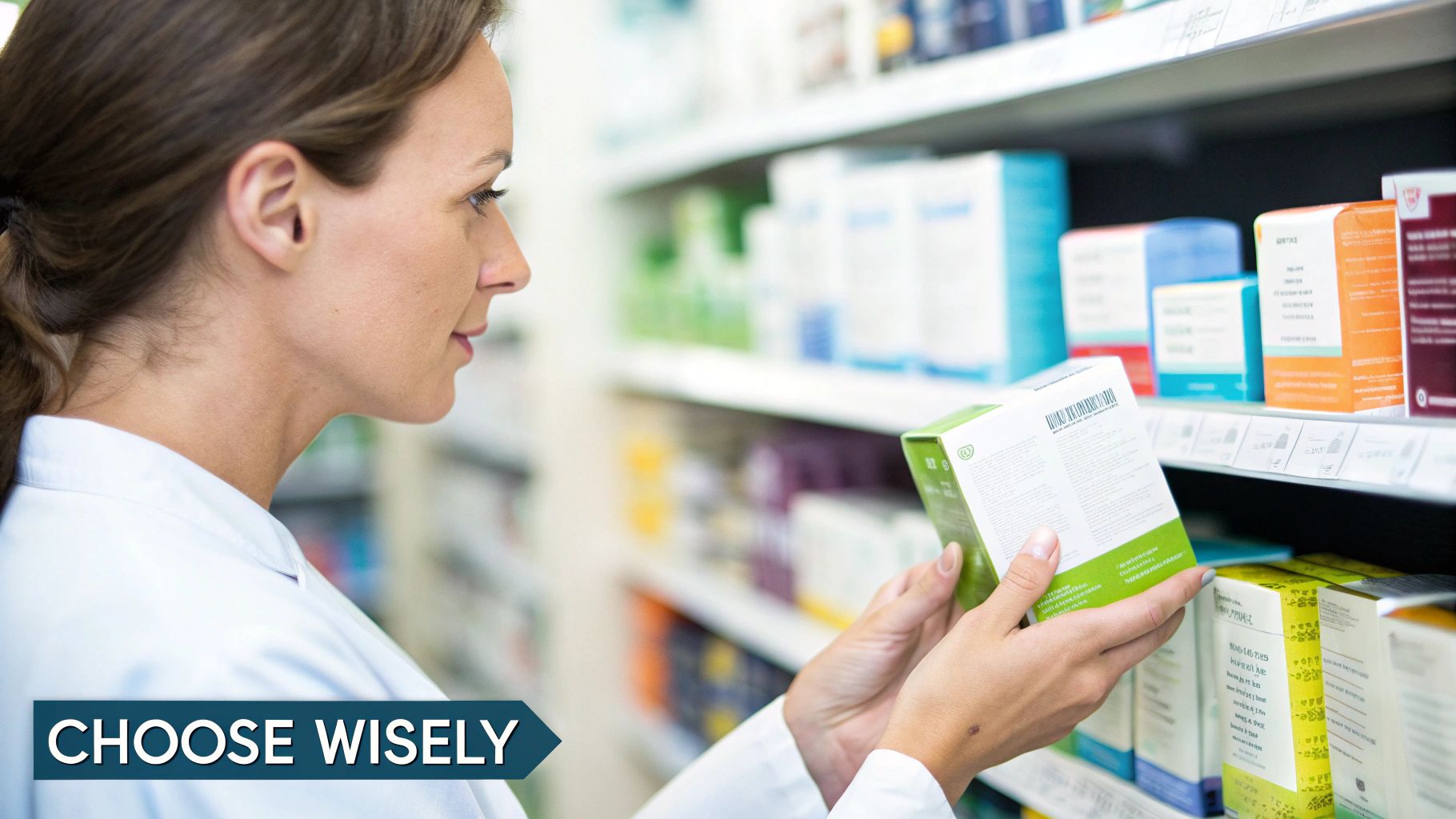 A woman in a white coat carefully reads the label of a product box in a pharmacy.