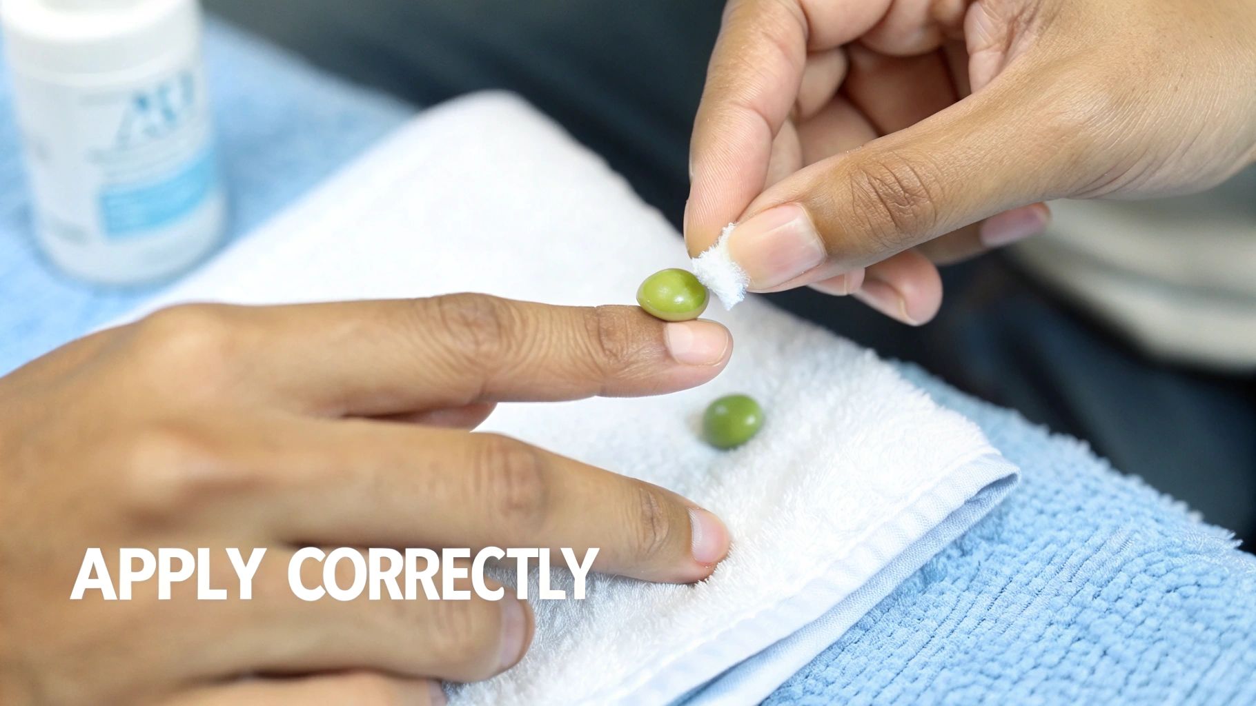 A person's hands applying a solution with cotton to a green object on a finger.