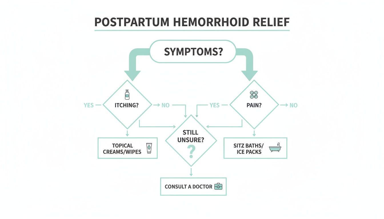 Flowchart outlining postpartum hemorrhoid relief, diagnosing symptoms like itching and pain, and recommending treatments.