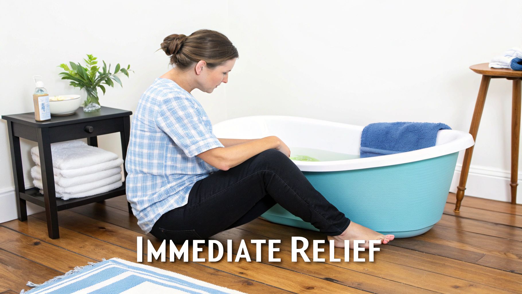 A woman sits on a wooden floor next to a foot tub with water, looking for relief.