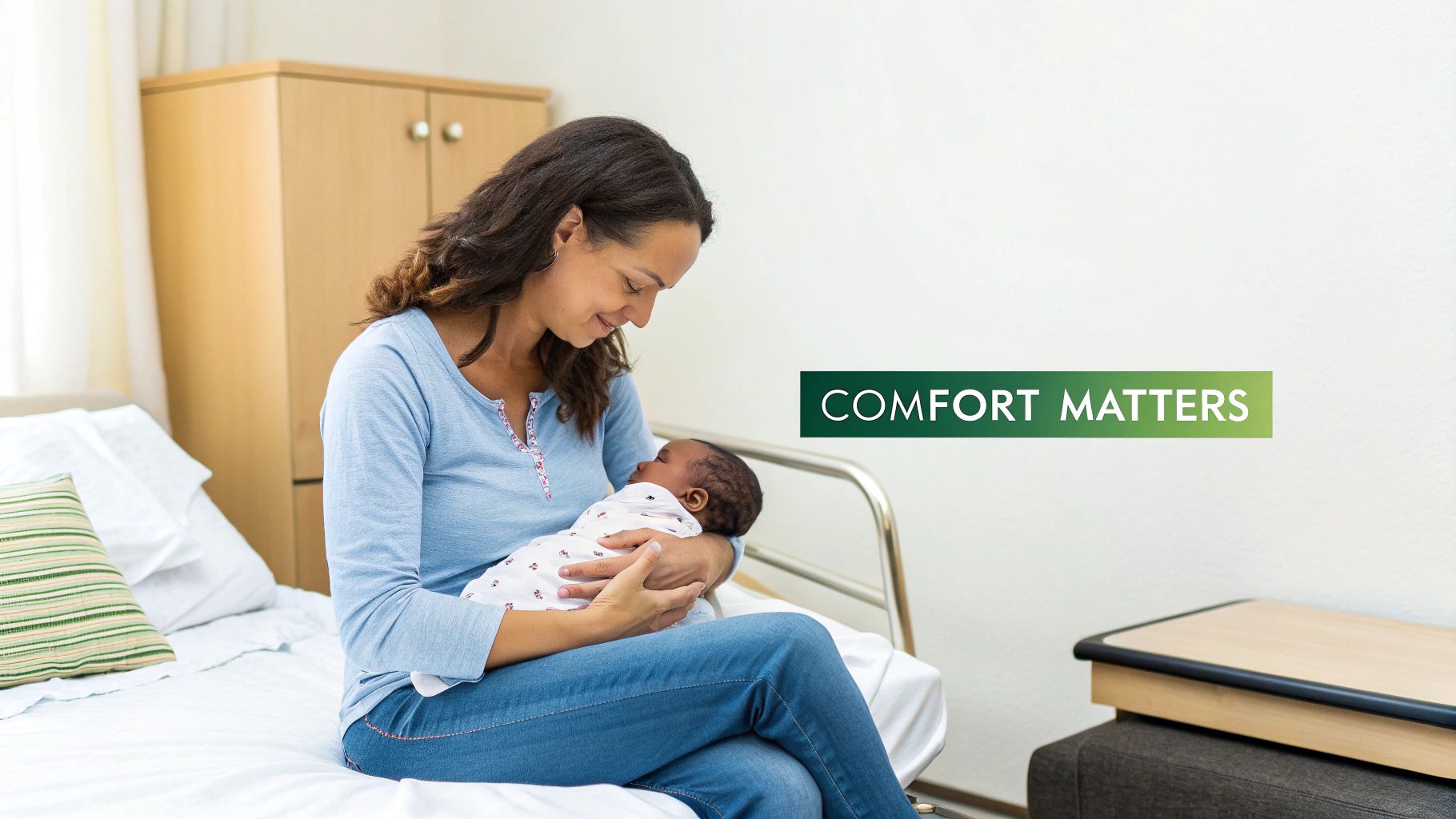 A smiling mother lovingly holds her newborn baby in a hospital bed, emphasizing comfort.