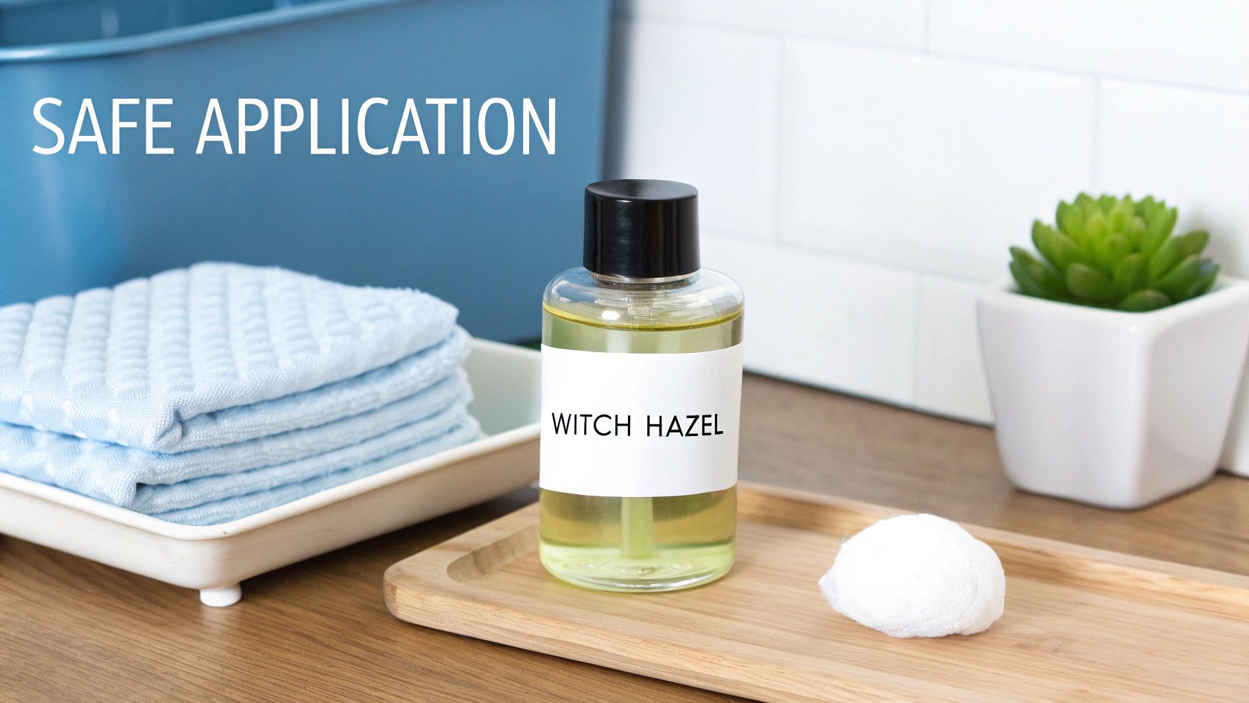 A bottle of witch hazel, a cotton ball, and soft blue towels for safe topical application.
