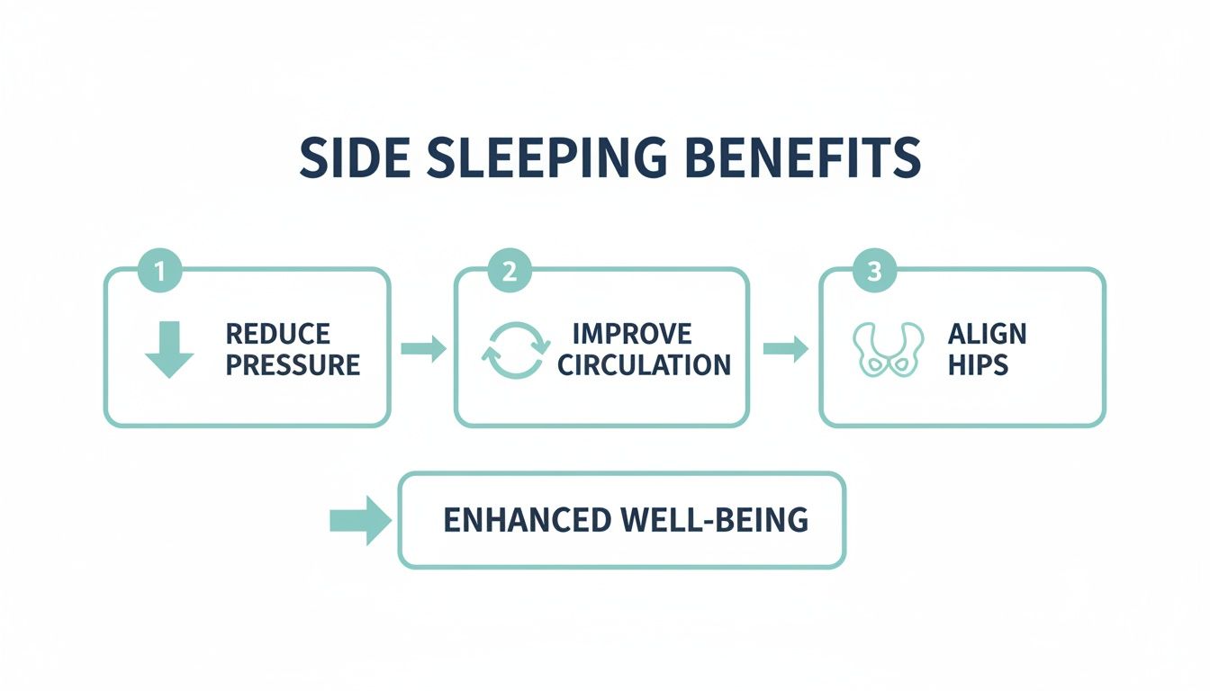 Flowchart illustrating the benefits of side sleeping: reducing pressure, improving circulation, and aligning hips, all leading to enhanced well-being.