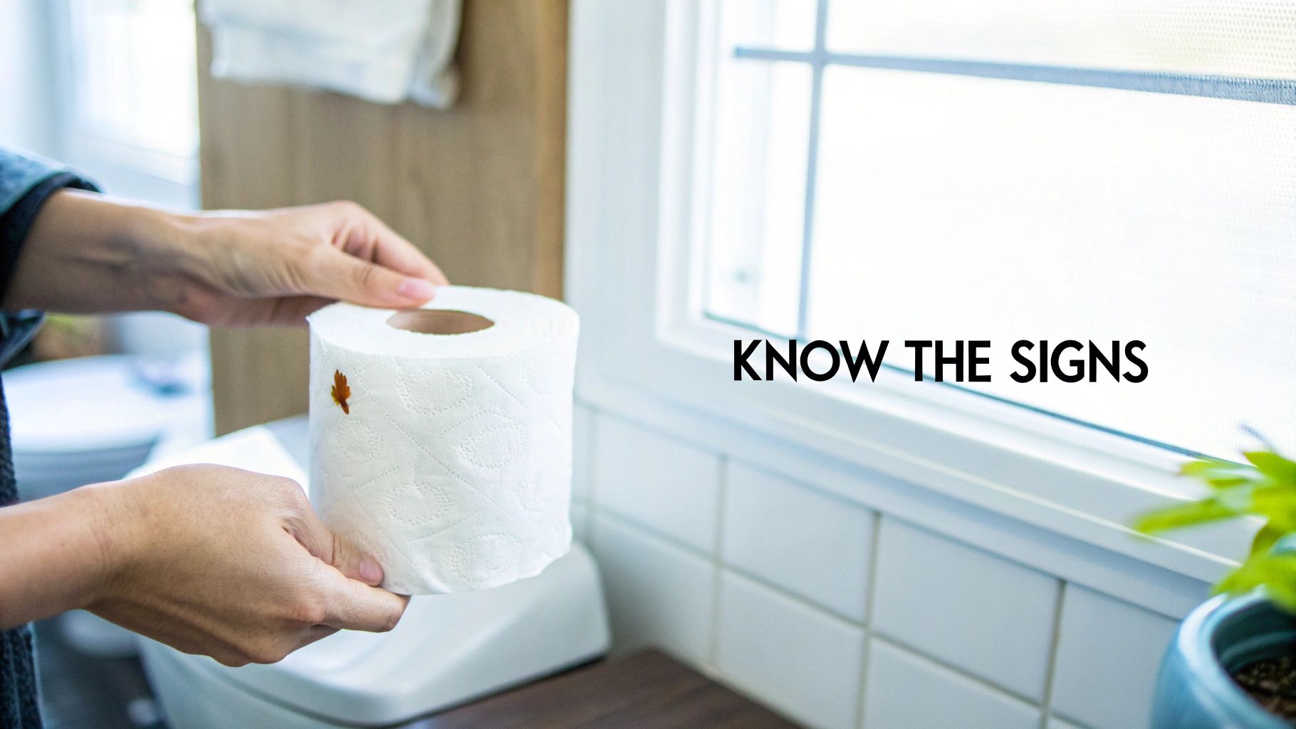 Person holding toilet paper with a suspicious brown stain, encouraging awareness of symptoms, next to a window.