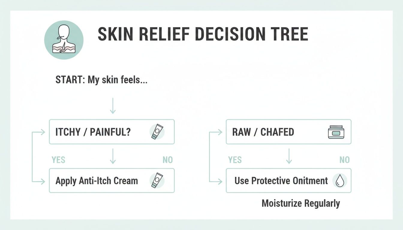 Flowchart for skin relief decision, guiding actions for itchy, painful, raw, or chafed skin conditions.