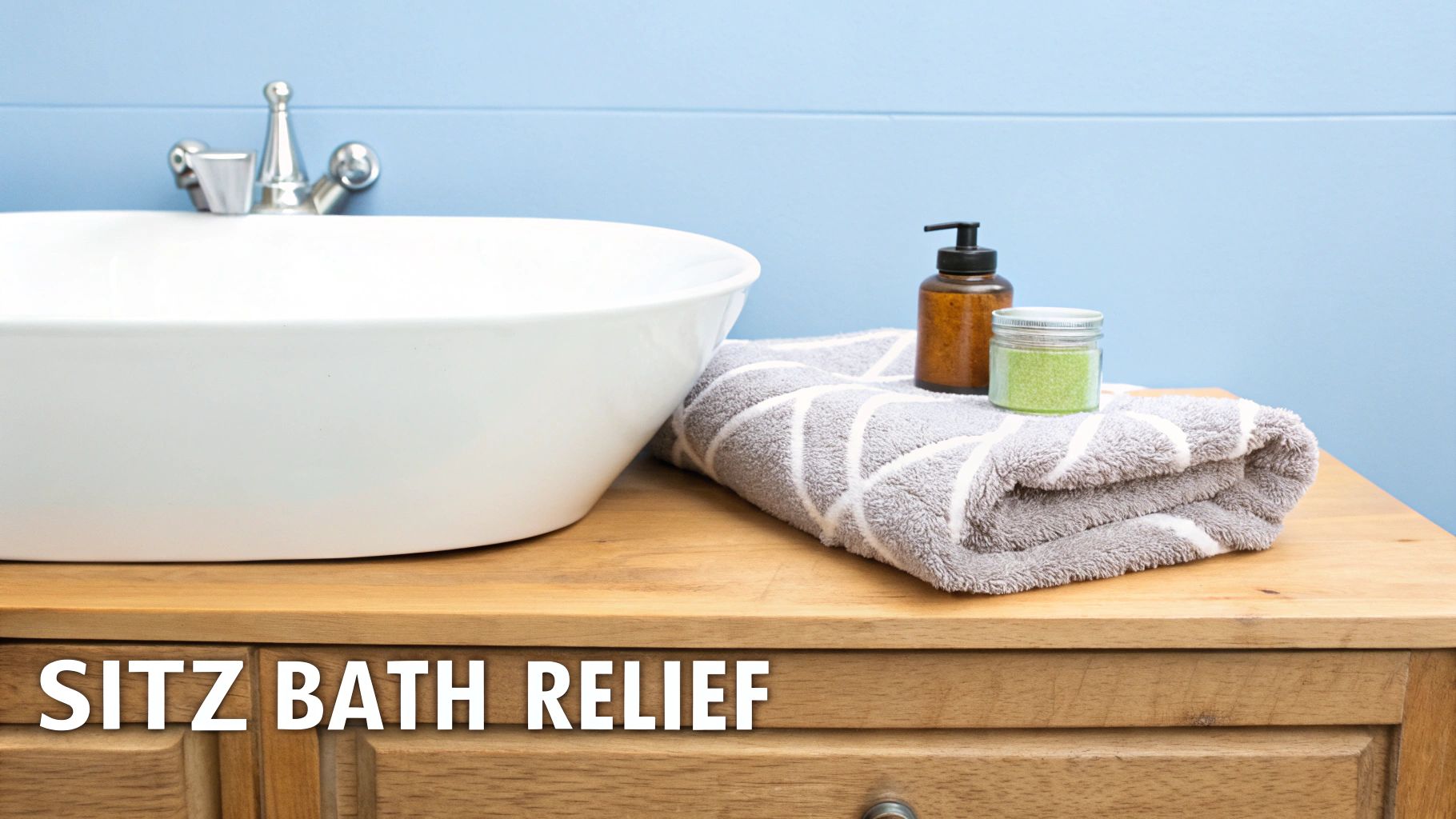 A white bowl sink, grey patterned towel, and bath products on a wooden counter with a blue wall. Text: SITZ BATH RELIEF.