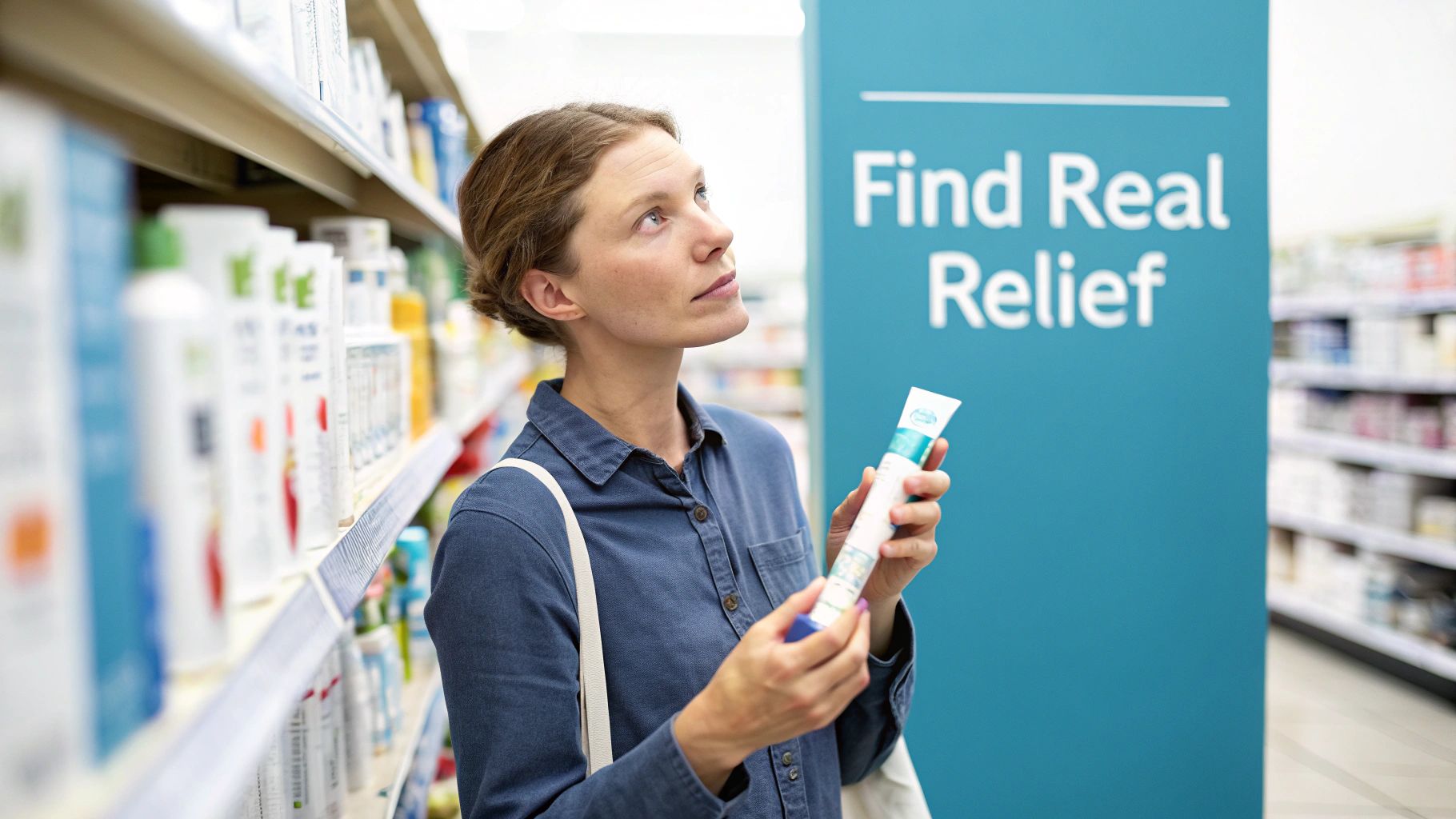A woman in a store aisle holding an ointment, looking for relief on shelves.