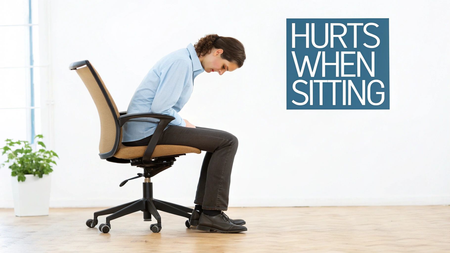 A distressed woman sits hunched on an office chair, experiencing discomfort, with the text 'HURTS WHEN SITTING'.