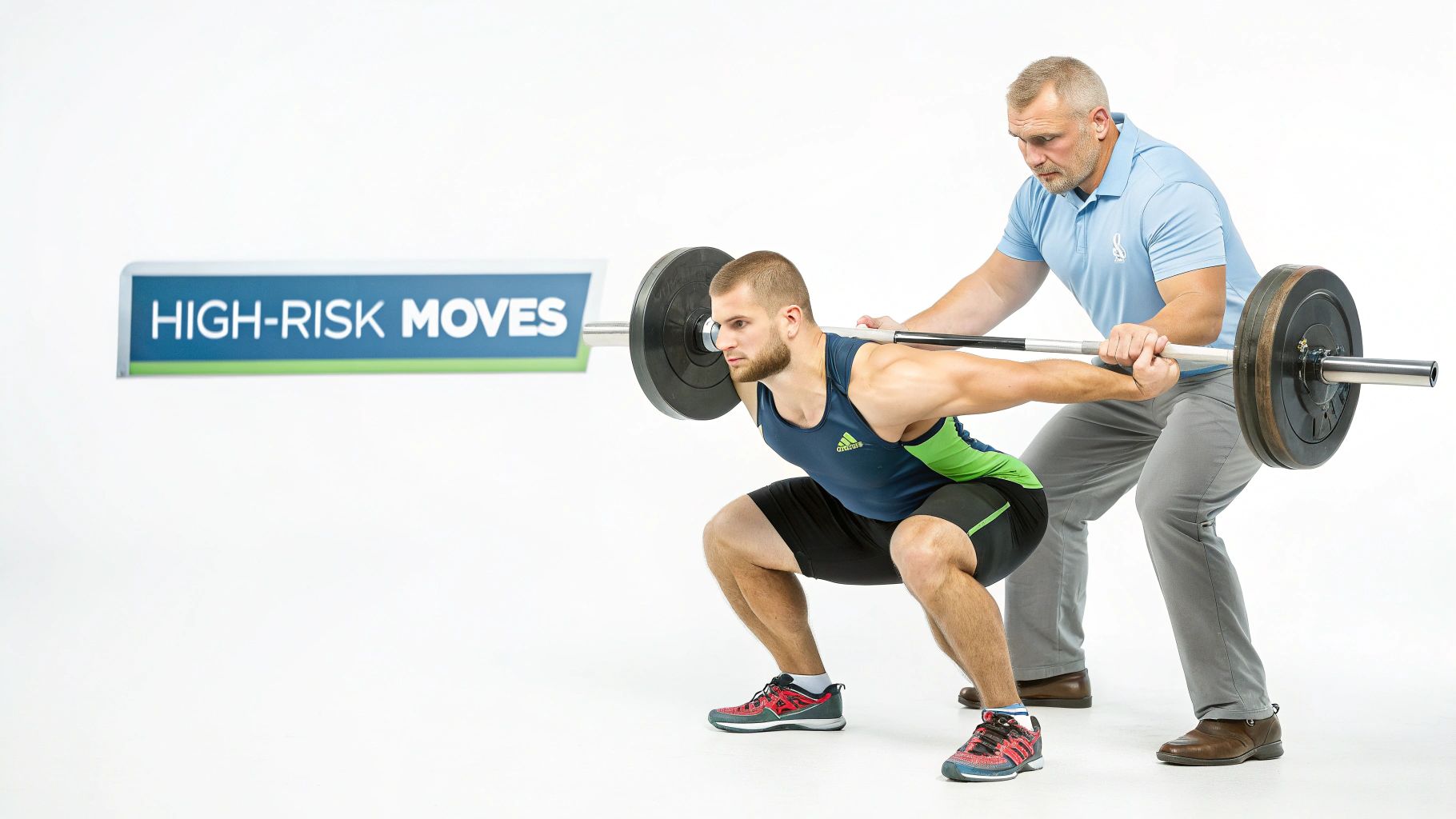 A man performs a barbell squat with a spotter behind him, with a "HIGH-RISK MOVES" sign.