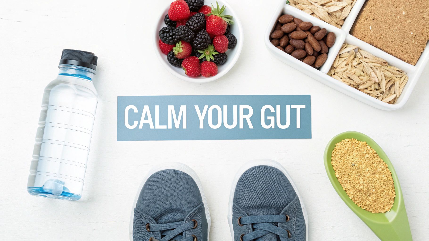 Flat lay of healthy foods, water, sneakers, and supplements with "CALM YOUR GUT" message.