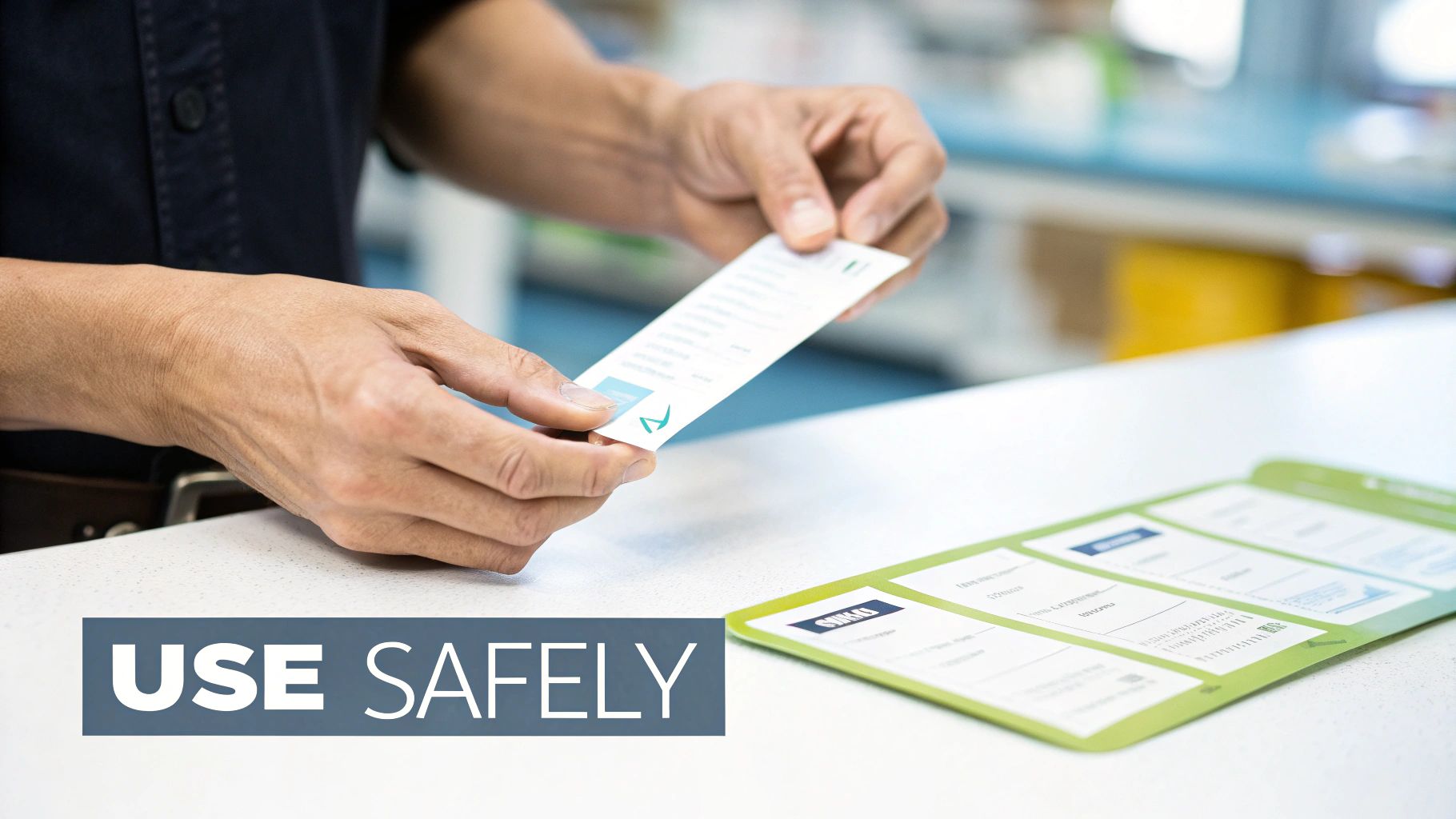 A person's hands hold an informational card with a logo over a white counter, near a green brochure.