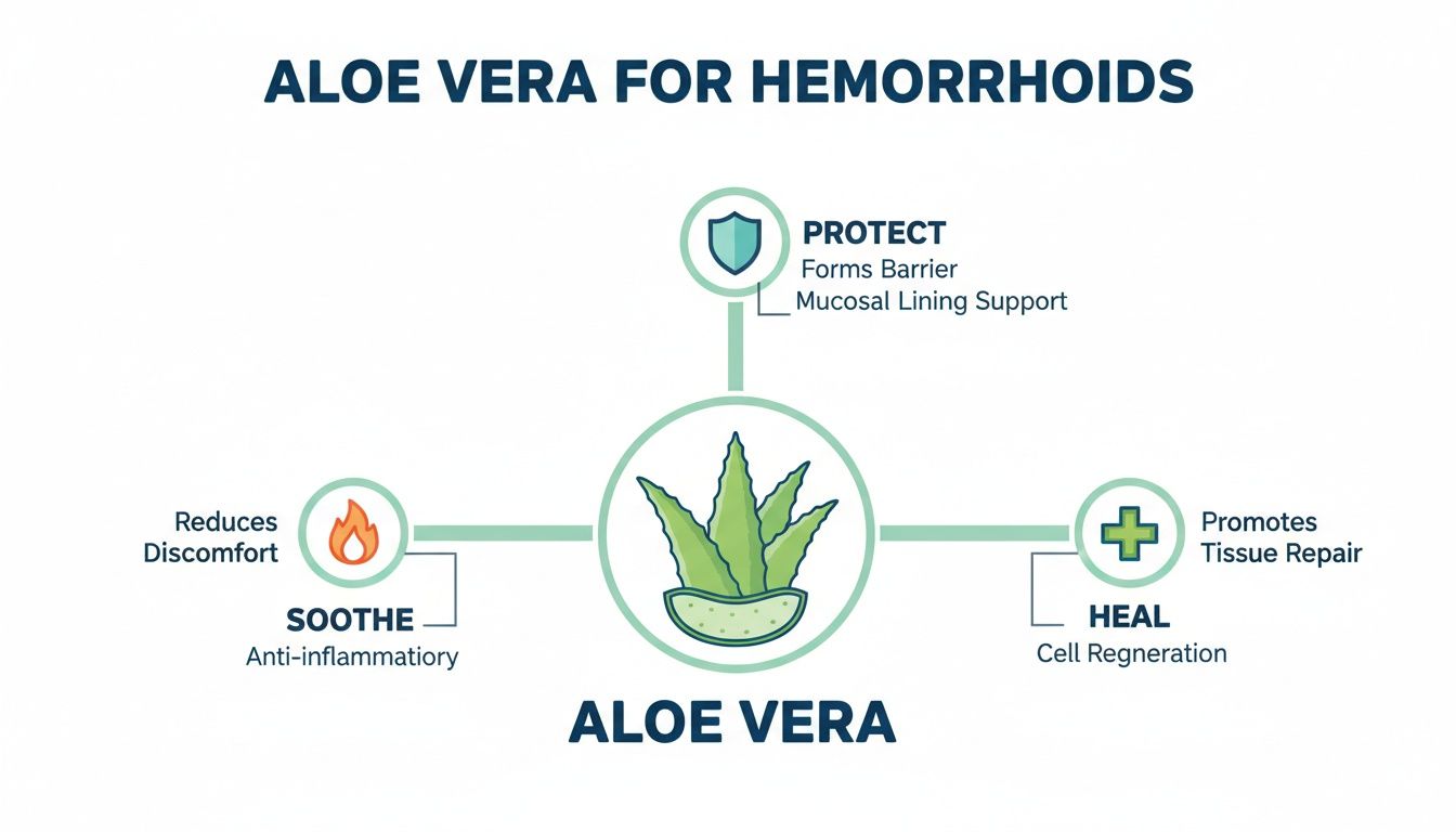 Infographic showing aloe vera benefits for hemorrhoids: soothes, protects, and heals by reducing discomfort and promoting tissue repair.