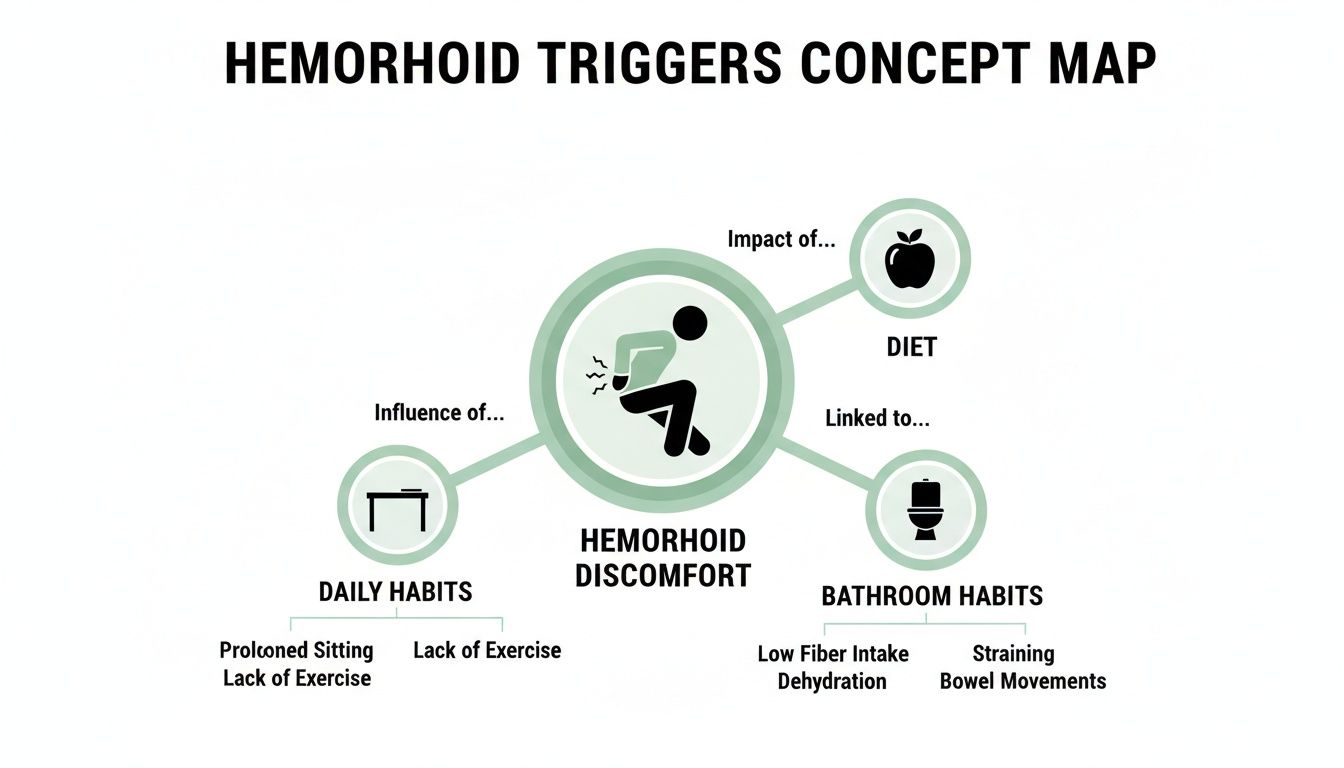 Infographic details hemorrhoid triggers such as daily habits, diet, and bathroom habits contributing to discomfort.