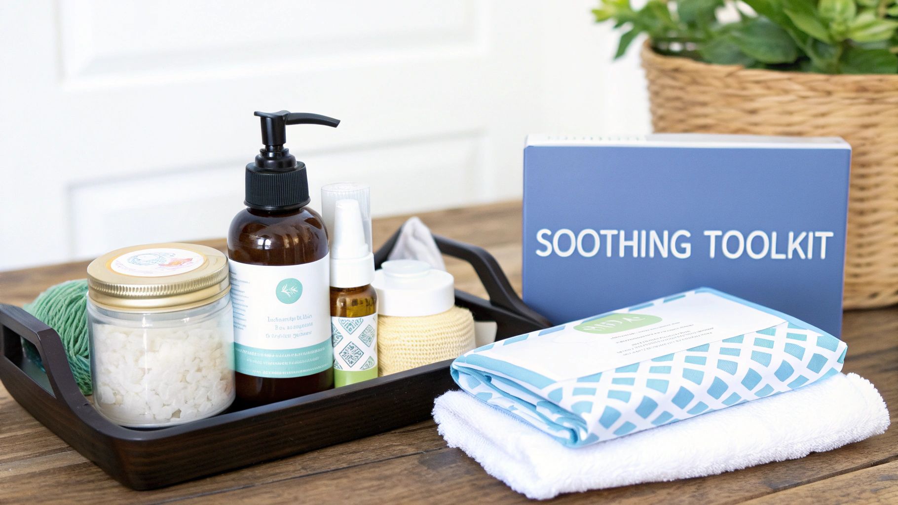 A collection of postpartum soothing essentials including bath salts, lotion, spray, wipes, and a towel on a wooden tray and table.