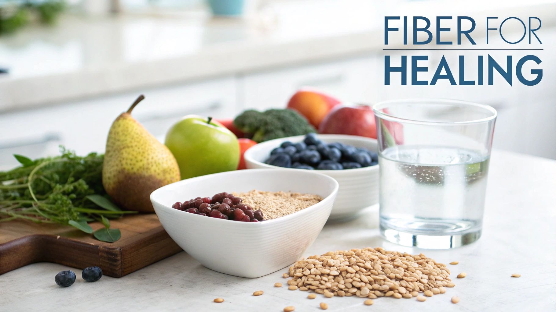Assortment of fiber-rich fruits, vegetables, beans, and seeds with water, and text 'FIBER FOR HEALING'.