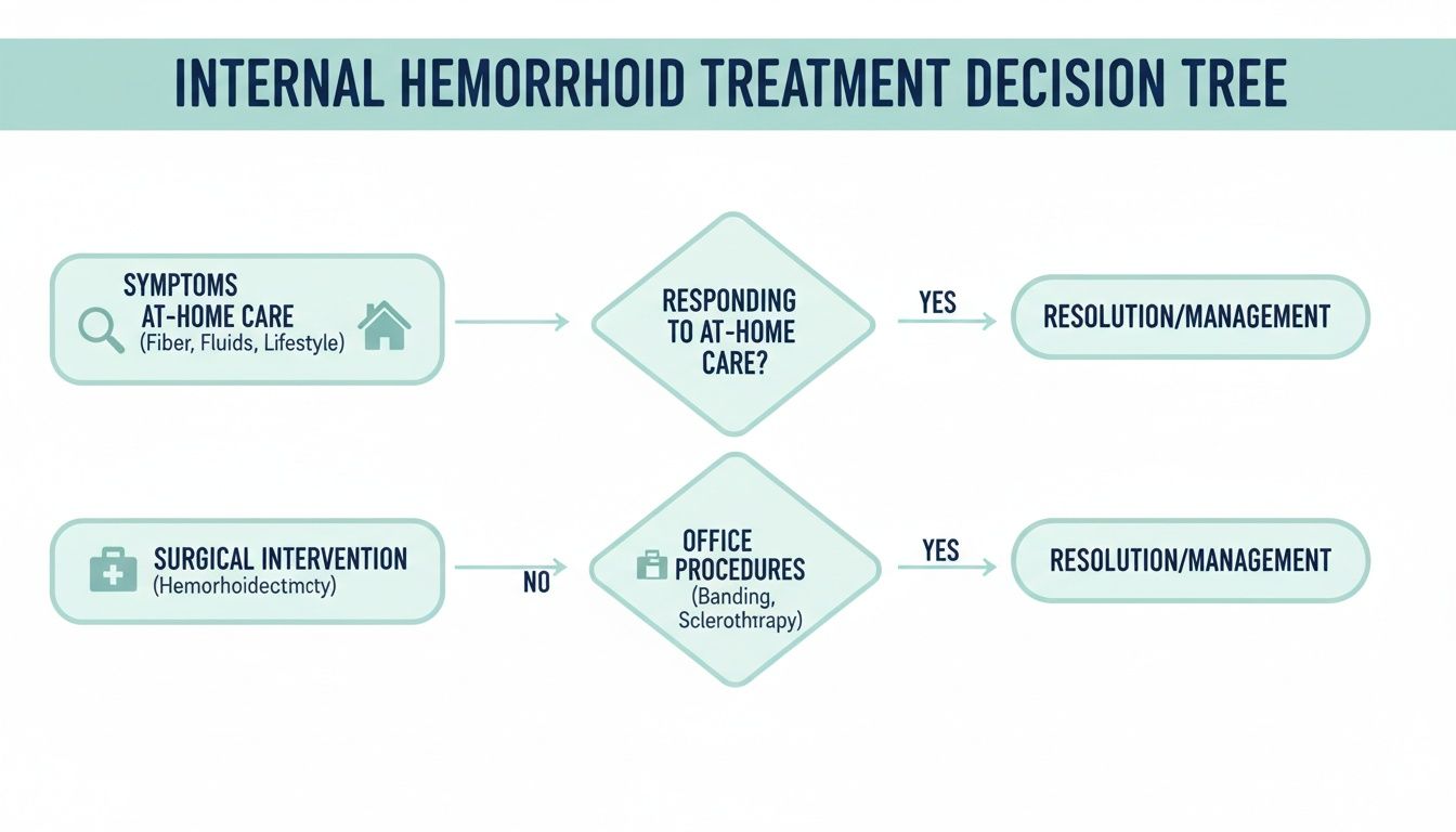 A decision tree diagram outlining treatment pathways for internal hemorrhoids, including home care, office procedures, and surgery.
