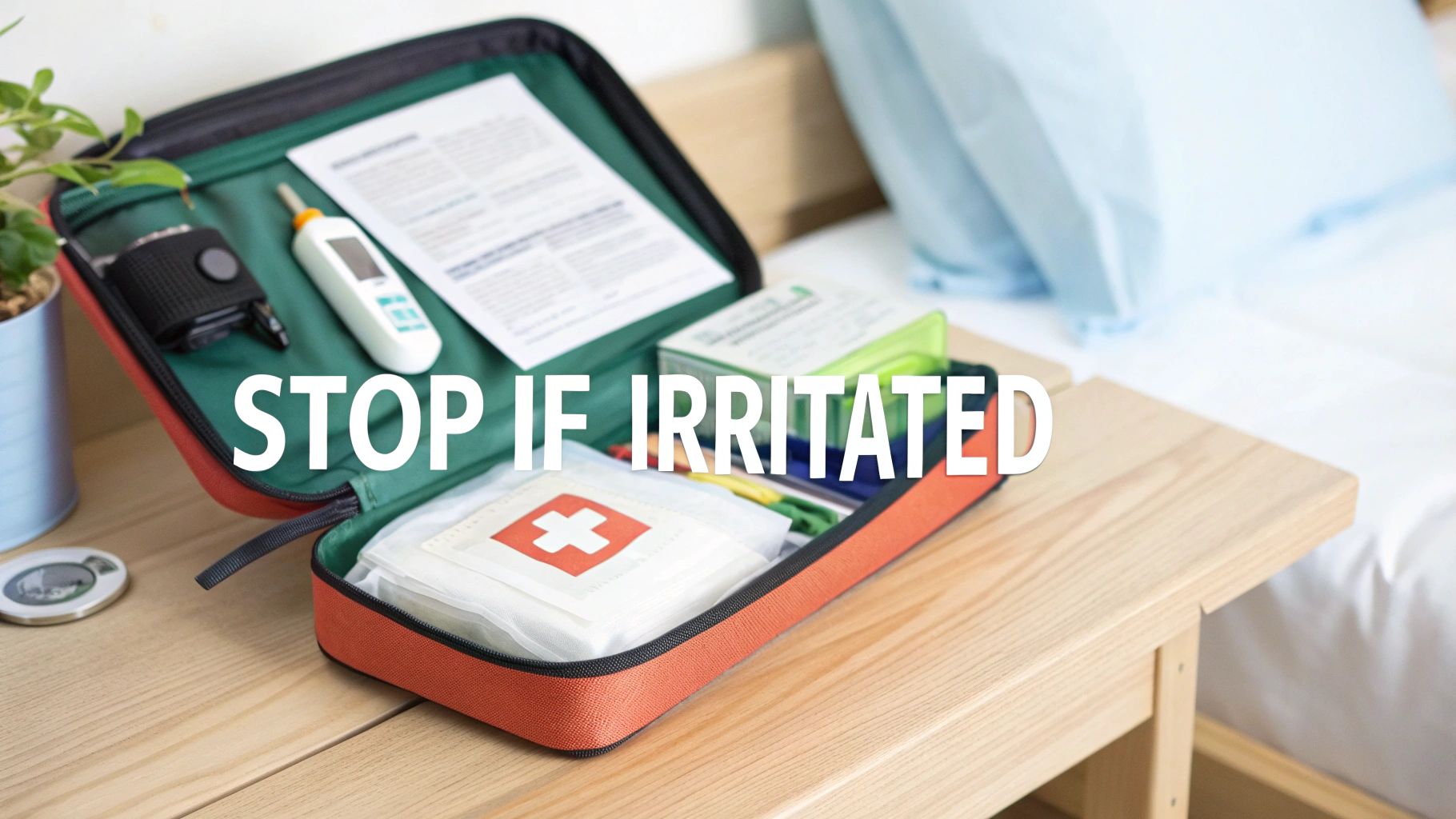 An open first aid kit filled with medical supplies rests on a wooden nightstand near a bed.