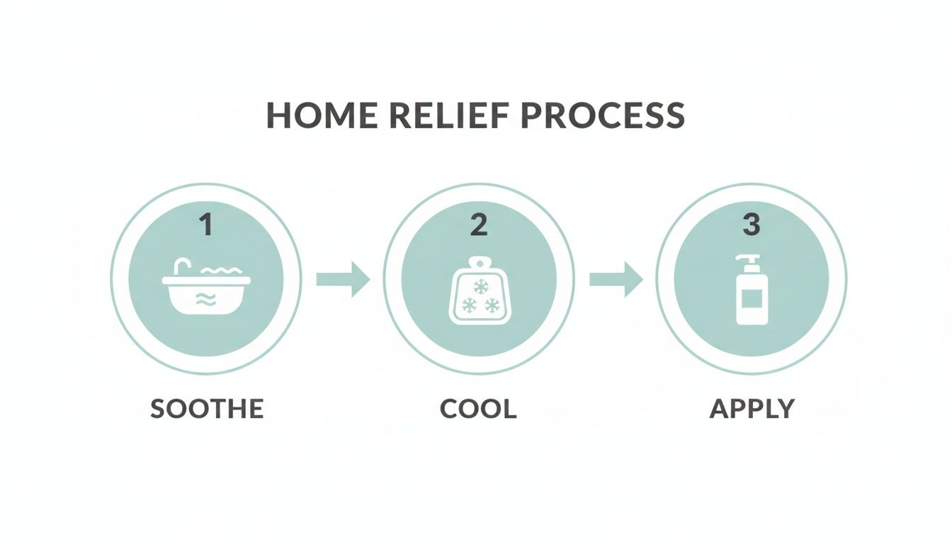 A three-step home relief process: Soothe with a bath, Cool with an ice pack, and Apply lotion.