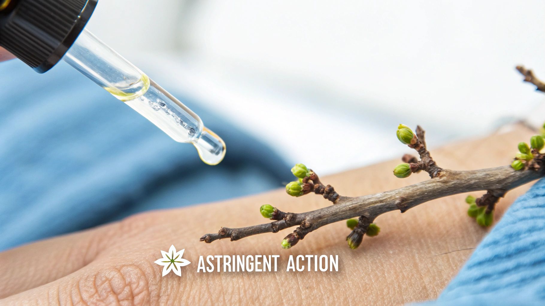A hand holds a dropper, applying a yellow liquid to skin, next to a branch with green buds, illustrating astringent action.