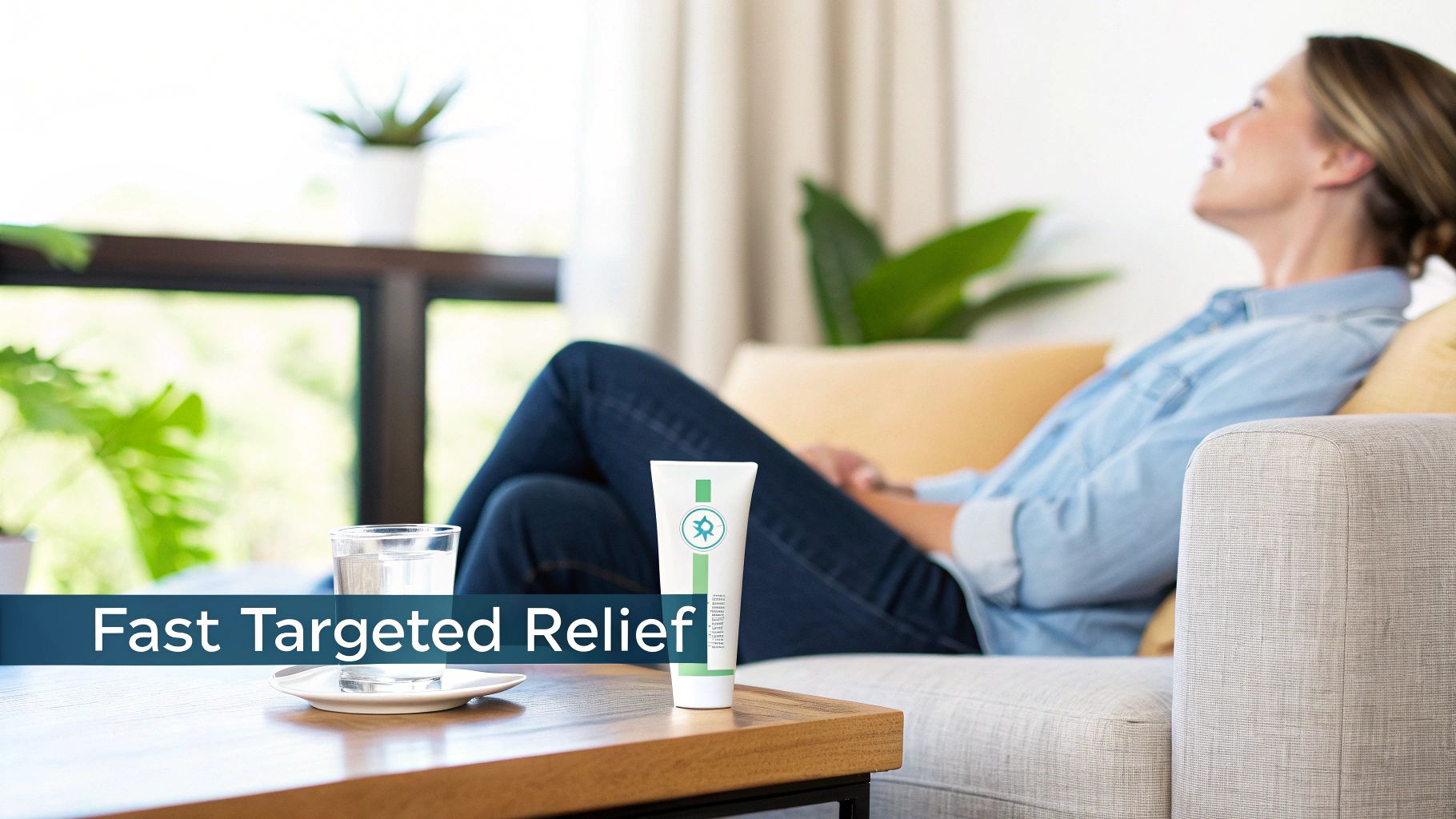 A woman relaxing on a sofa with a topical cream tube and water glass on a coffee table.