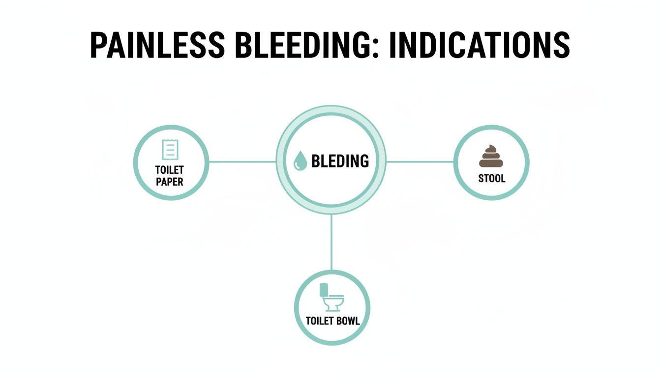 Diagram illustrating painless bleeding indications found on toilet paper, stool, or in the toilet bowl.