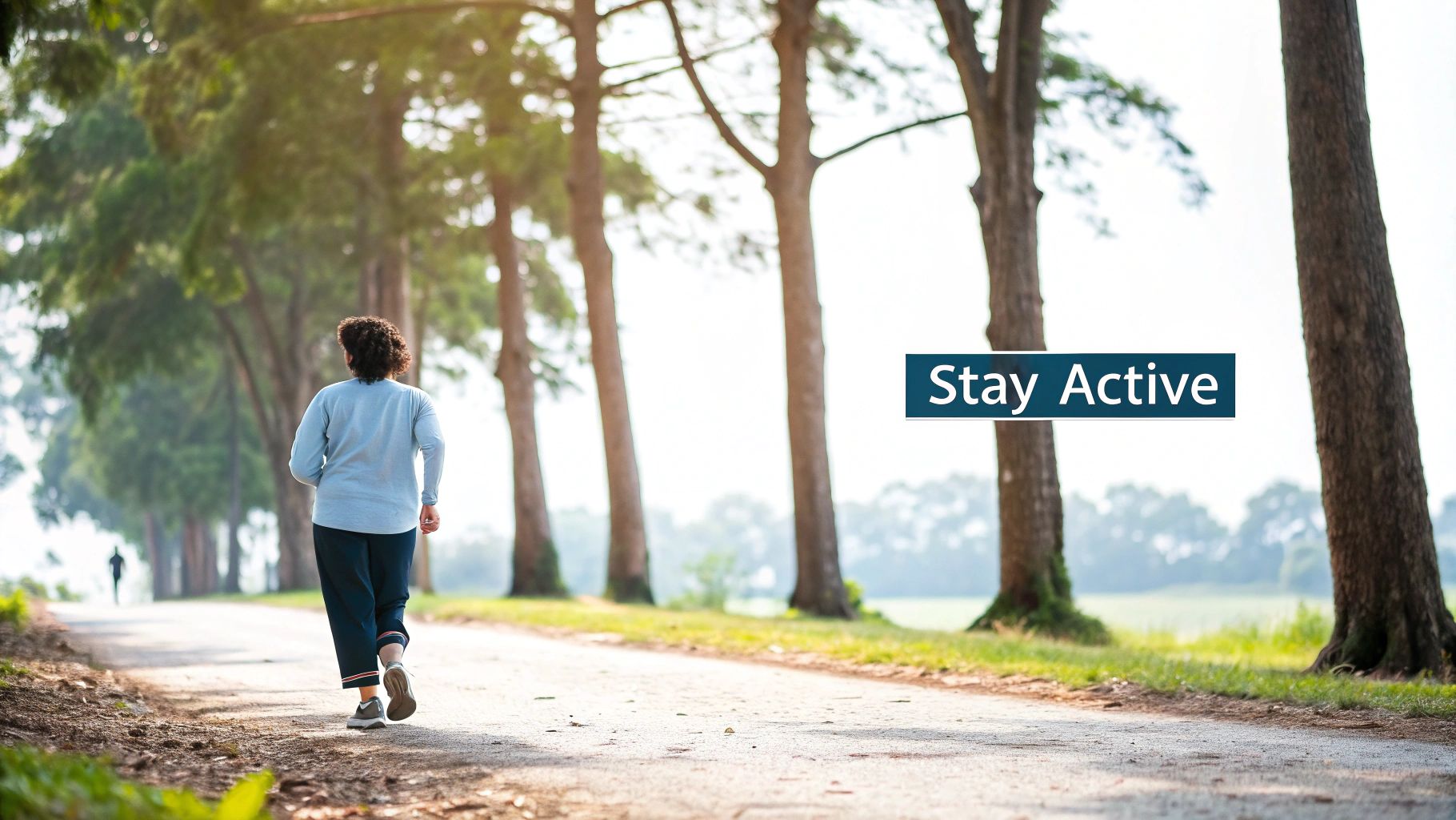 A person walks on a sunlit, tree-lined path with the text 'Stay Active', promoting outdoor exercise.