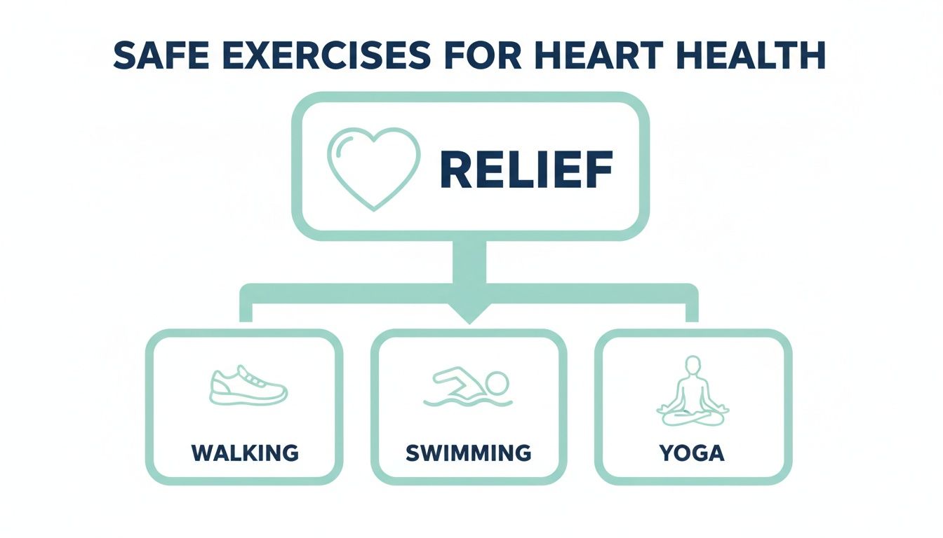 Diagram showing safe exercises for heart health, including walking, swimming, and yoga for relief.
