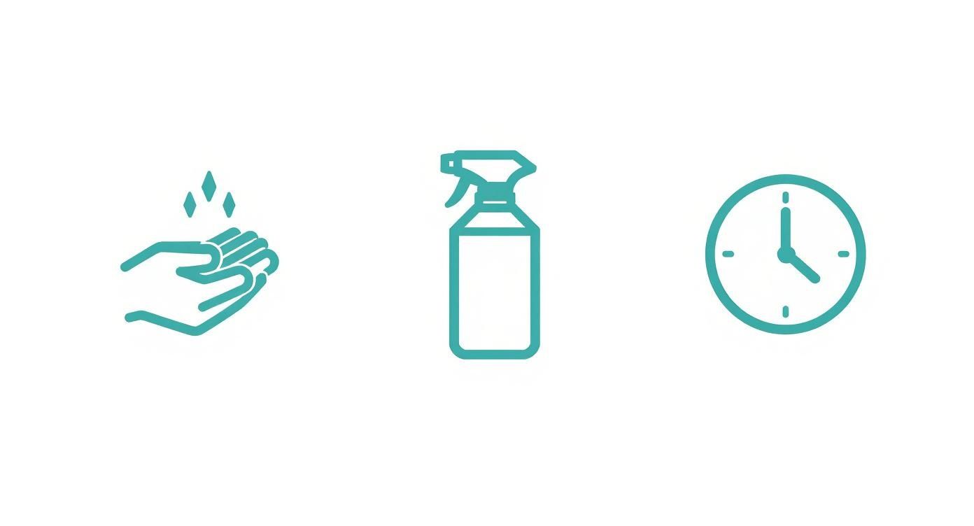 Three teal line icons: hands being washed, a spray bottle, and a clock.