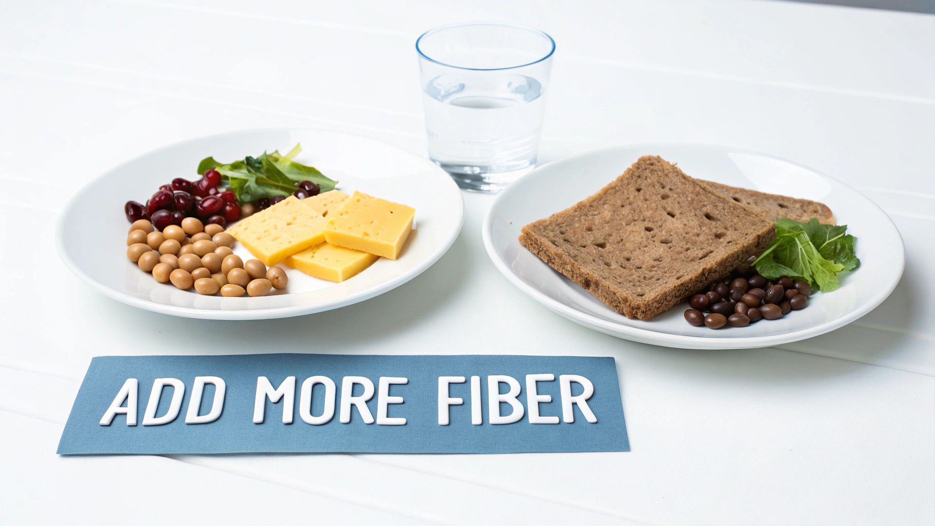 A health-conscious meal featuring fiber-rich foods like beans, cranberries, cheese, and whole-wheat bread, with a 'ADD MORE FIBER' sign.