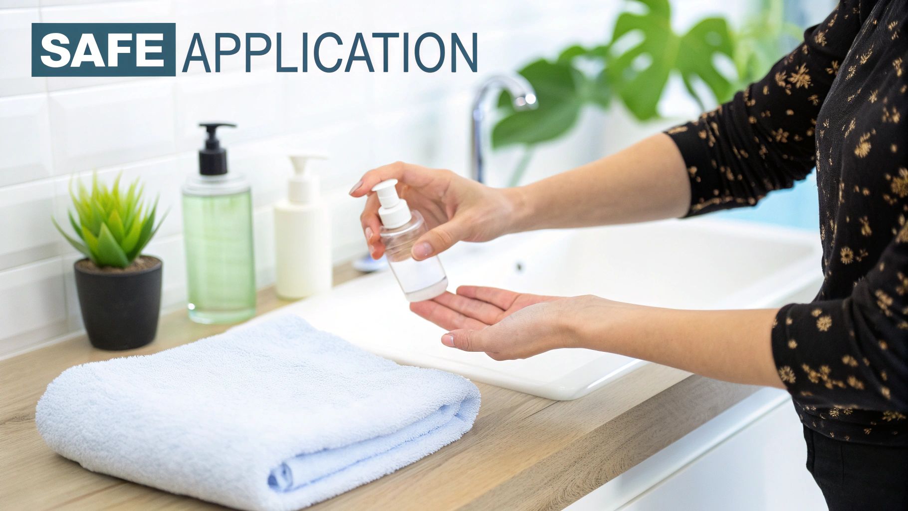 A person dispenses hand sanitizer into their hand over a bathroom sink, promoting safe hygiene.