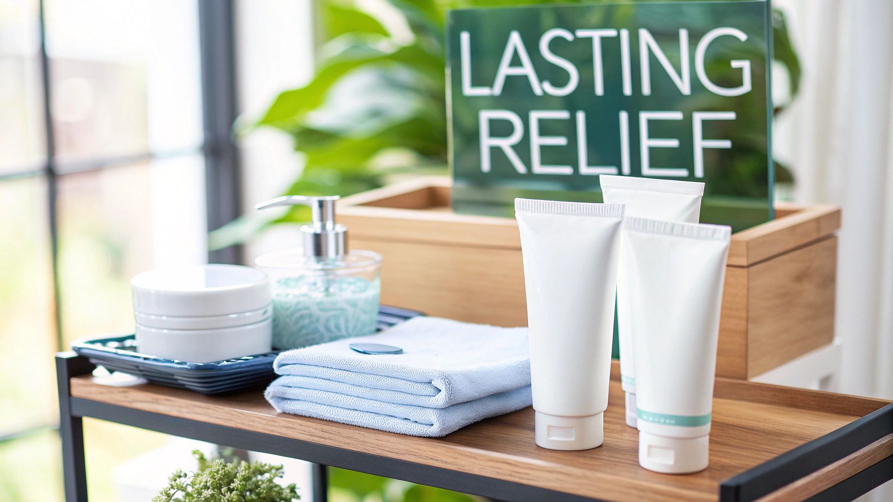 Various bath and body products, including white cream tubes, soap, and towels, with a 'LASTING RELIEF' sign.
