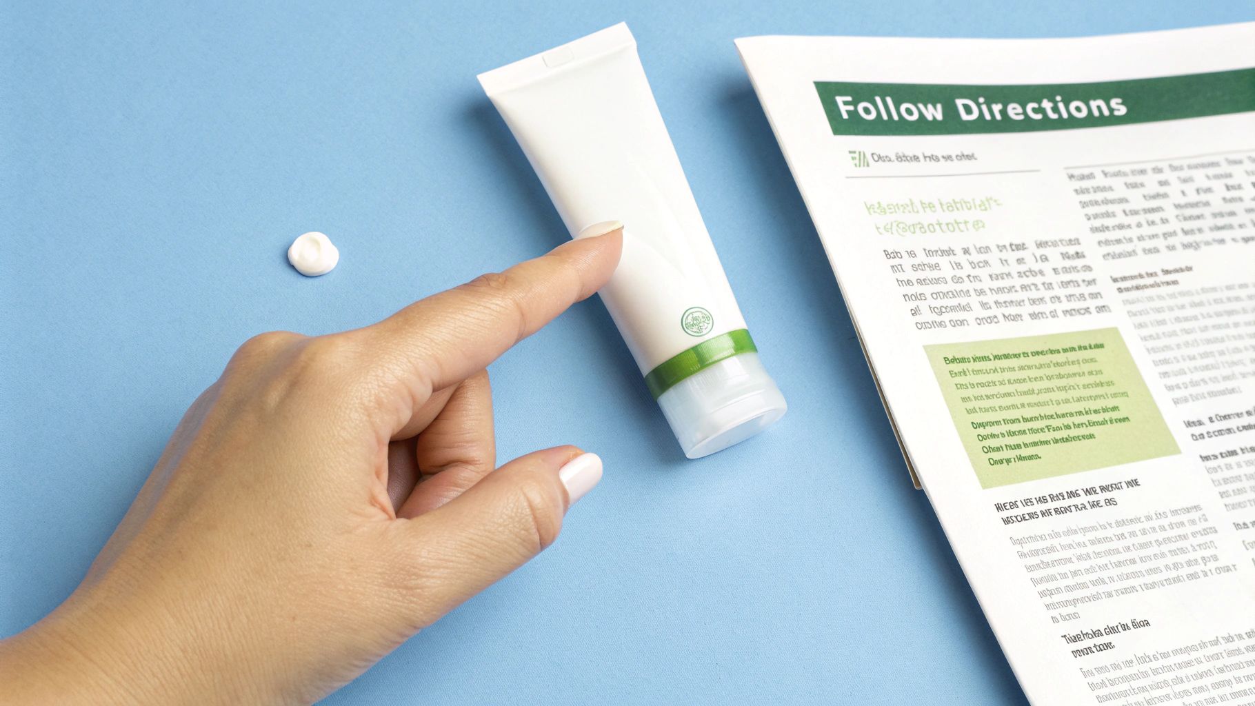 A hand touching a white cream tube with a green label, next to a blob of cream and a 'Follow Directions' leaflet.