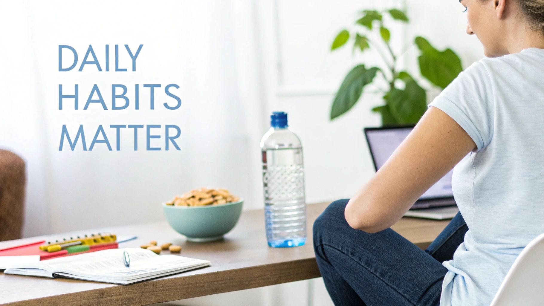 A woman at a desk with a laptop, water, and healthy snacks, highlighting the importance of daily habits.